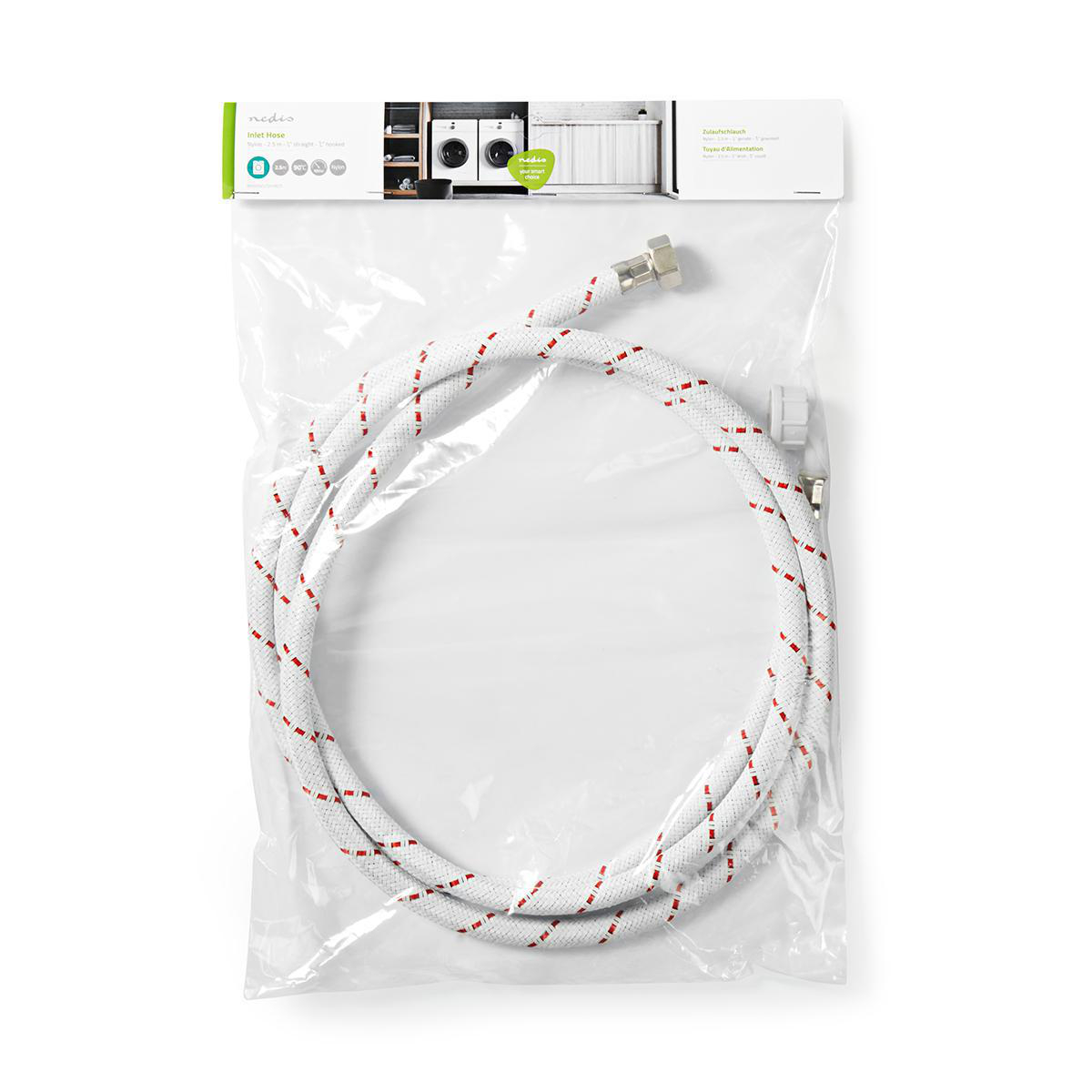 A white and red striped hose in a clear plastic bag. The hose has metal connectors.