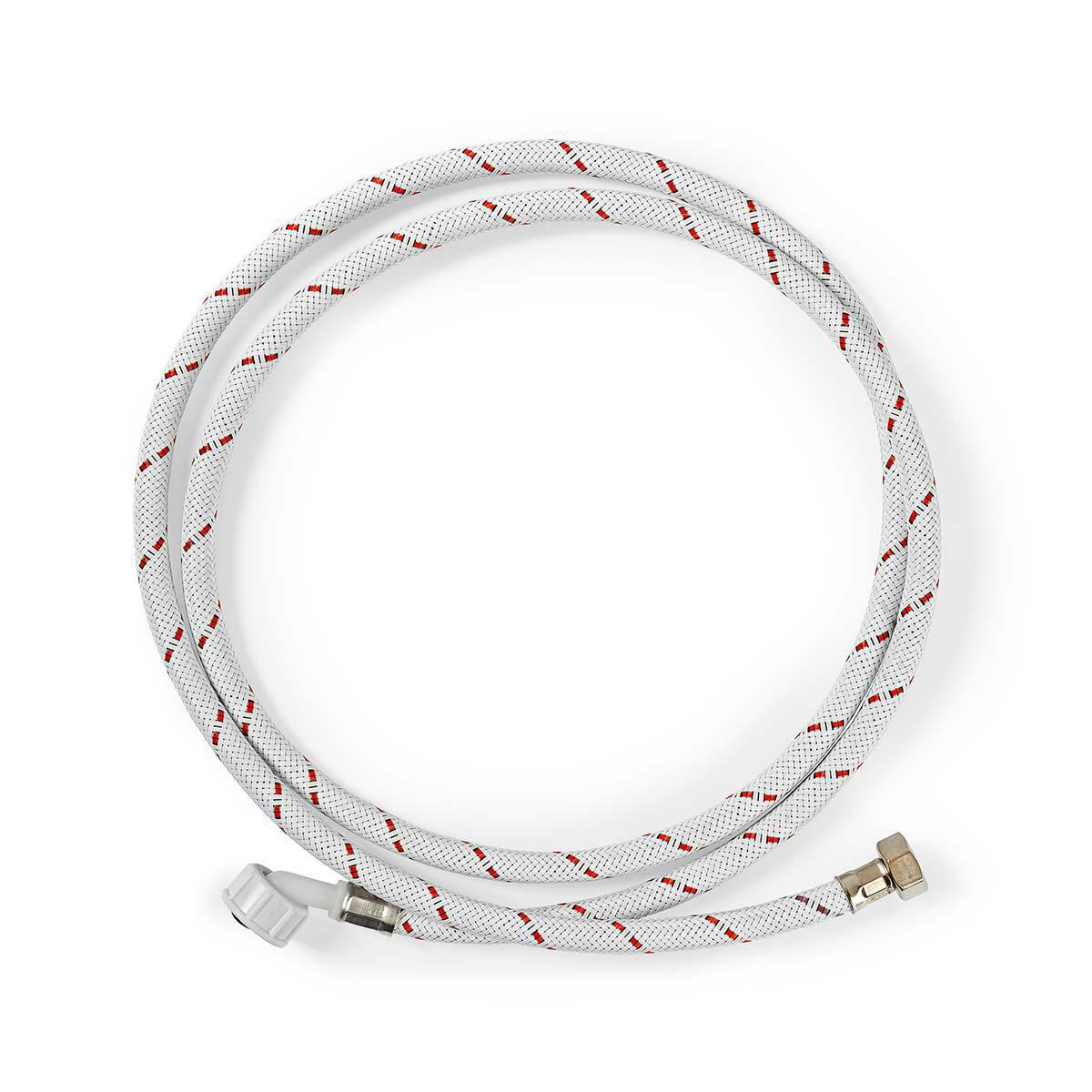Witte slang met rode strepen, opgerold. Eén uiteinde heeft een witte connector, de andere een metalen.
