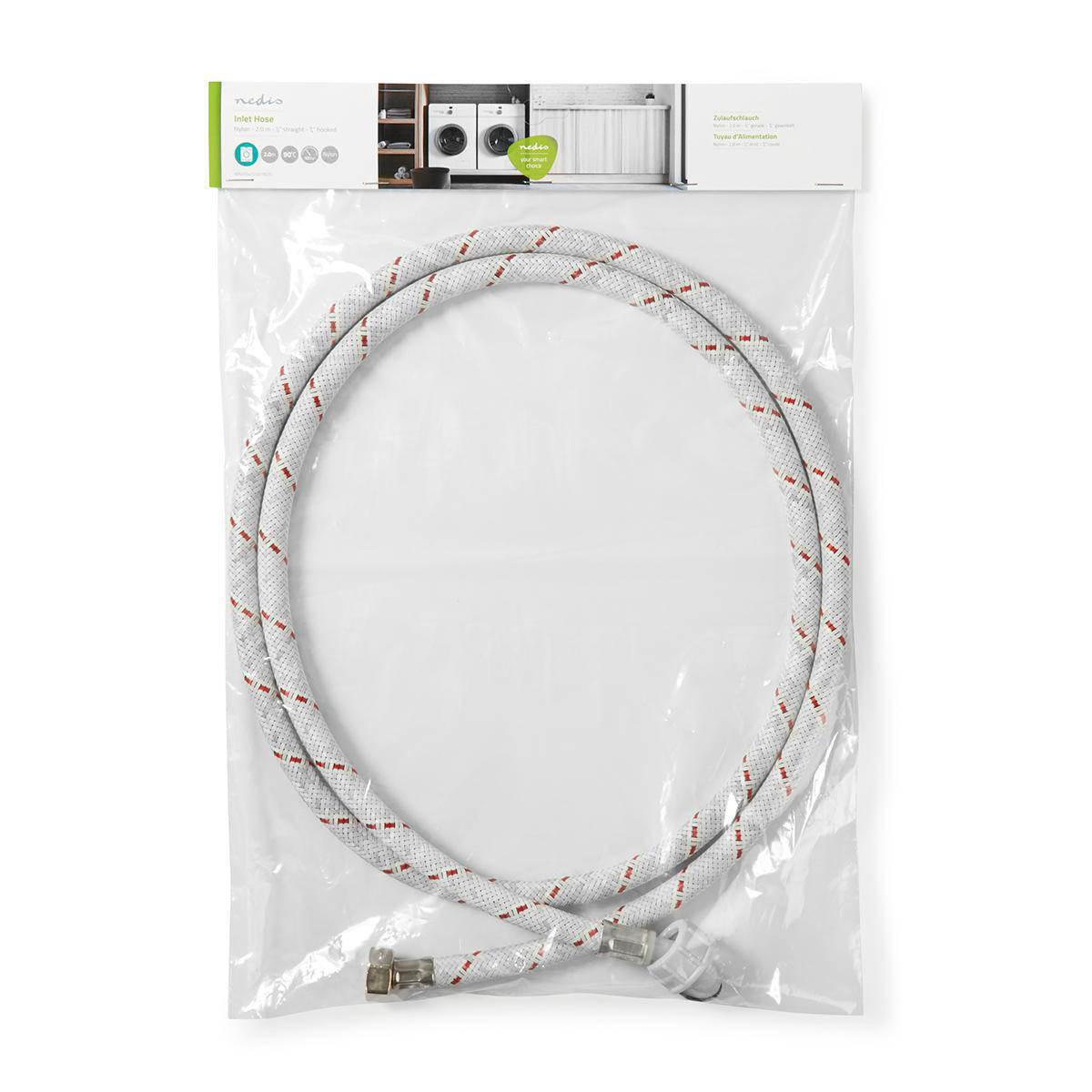 Een wit-rode inlaatslang voor een wasmachine in een transparante zak.