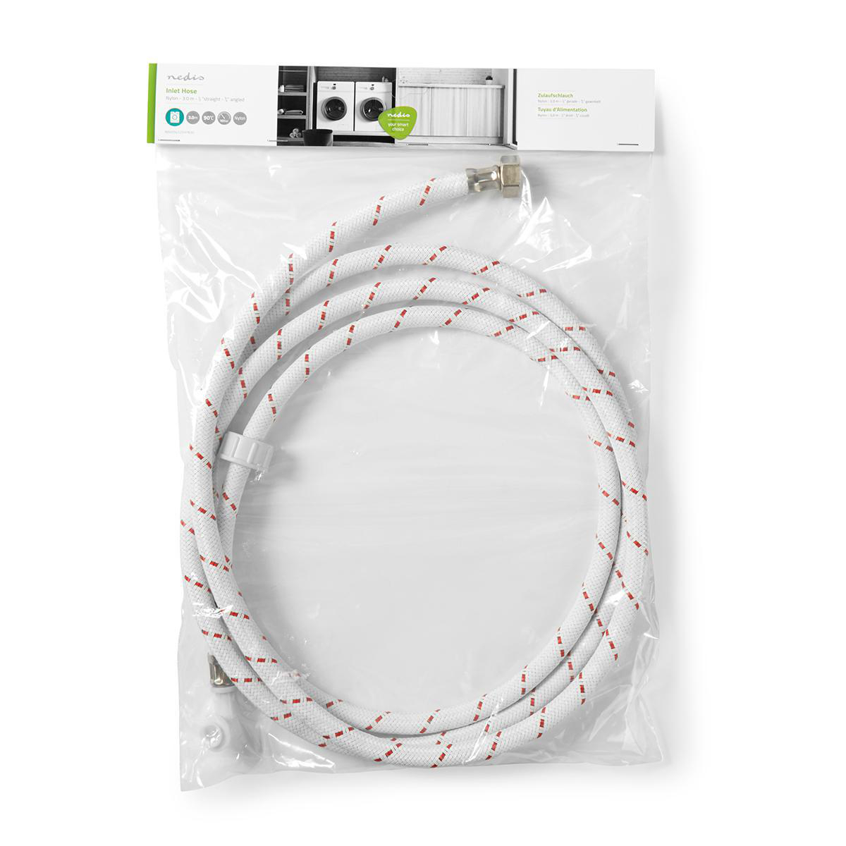 White and red hose in a plastic bag. White background. Packaging.