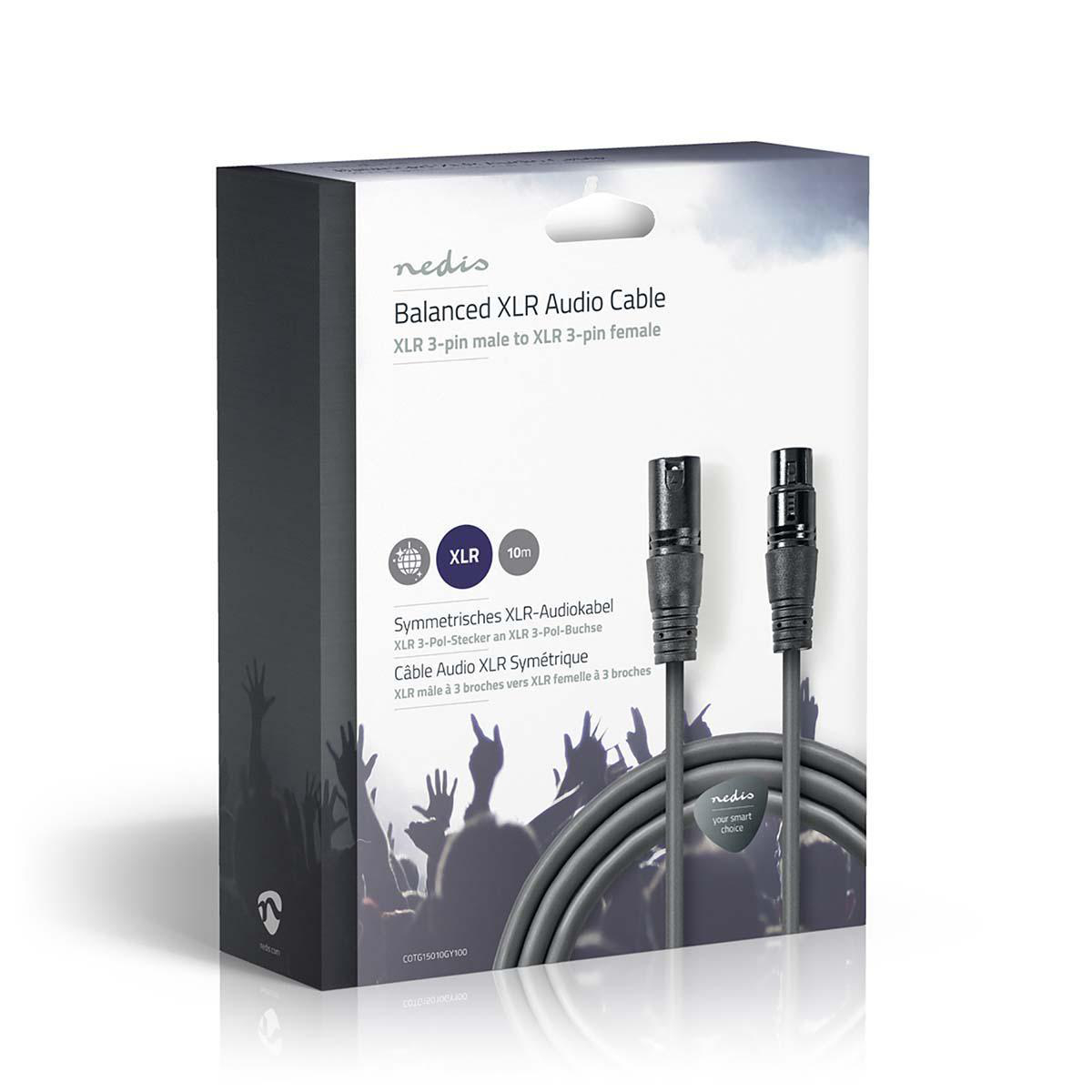 Doos van een gebalanceerde XLR-audiokabel, met mannelijke en vrouwelijke connectoren.