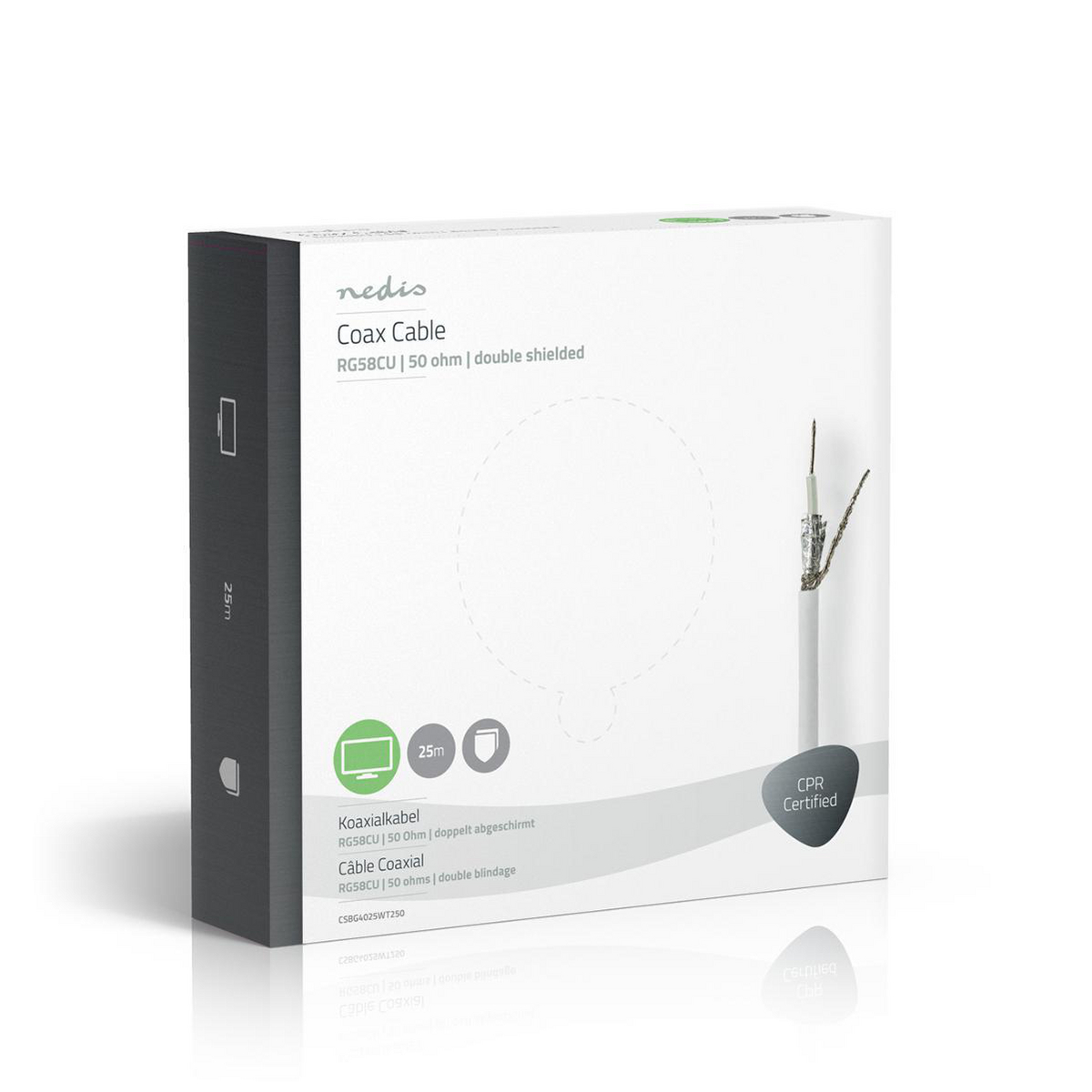 Coaxkabeldoos. Witte doos met kabelafbeelding en tekst, 'Coax Cable'. Zwarte zijkant.