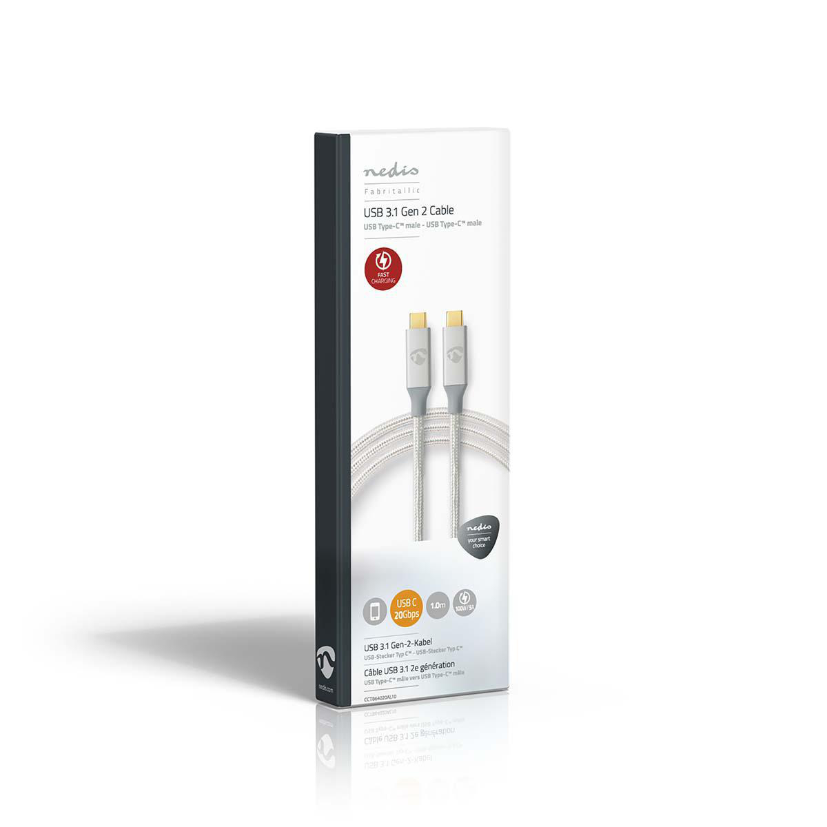 Scatola per cavo USB 3.1 Gen 2 bianca e argentata. La scatola ha un'immagine del cavo e informazioni sul prodotto.