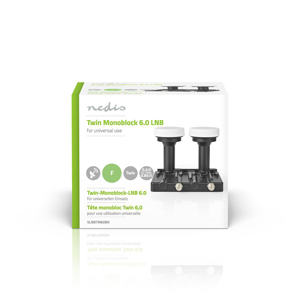 Eine weiße Box mit einem Satellitenempfänger. Sie hat einen Twin-Monoblock 6.0 LNB darauf.