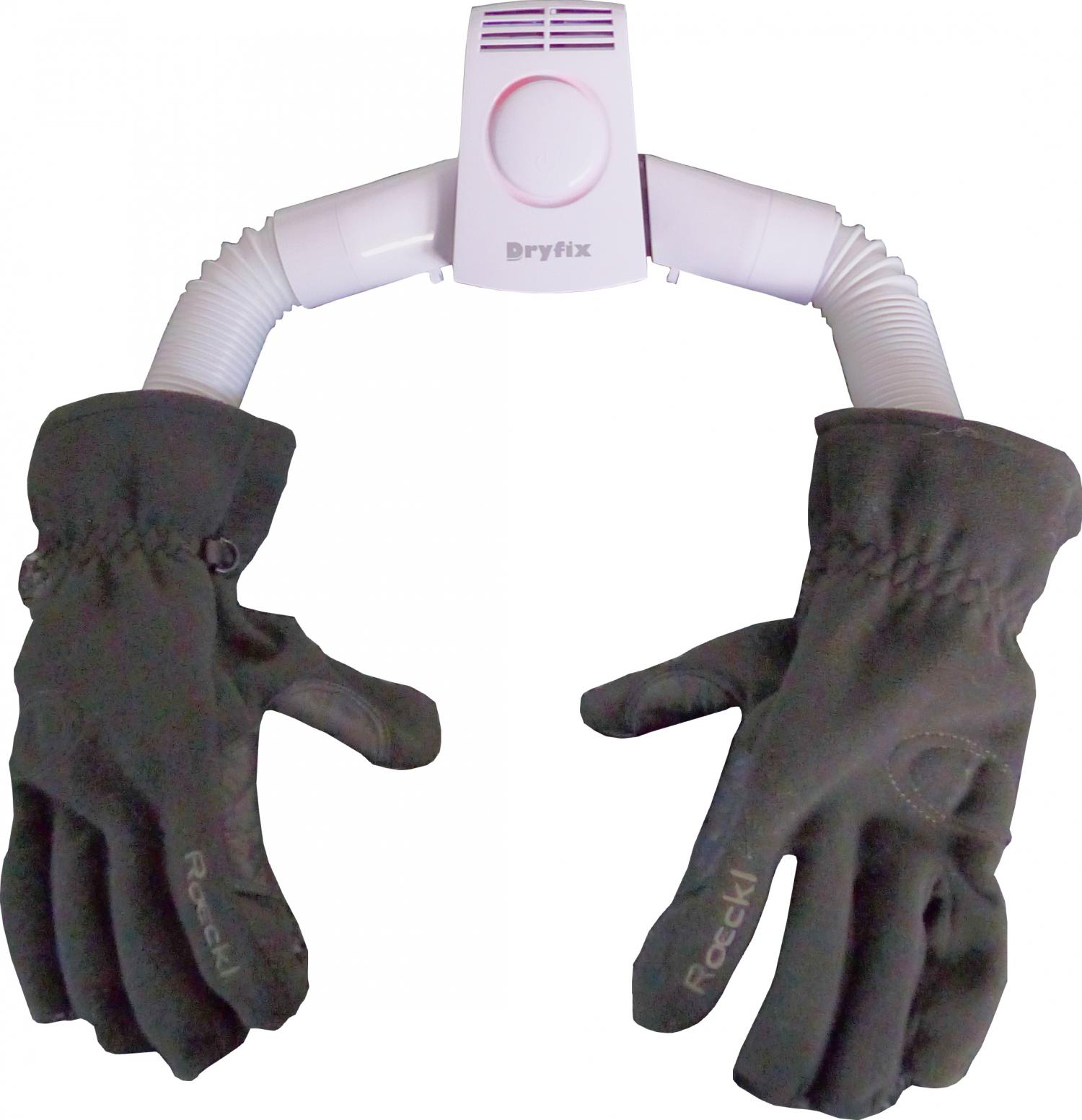 Ein Handschuhtrockner mit befestigten Handschuhen, weiße Basis, schwarze Handschuhe.