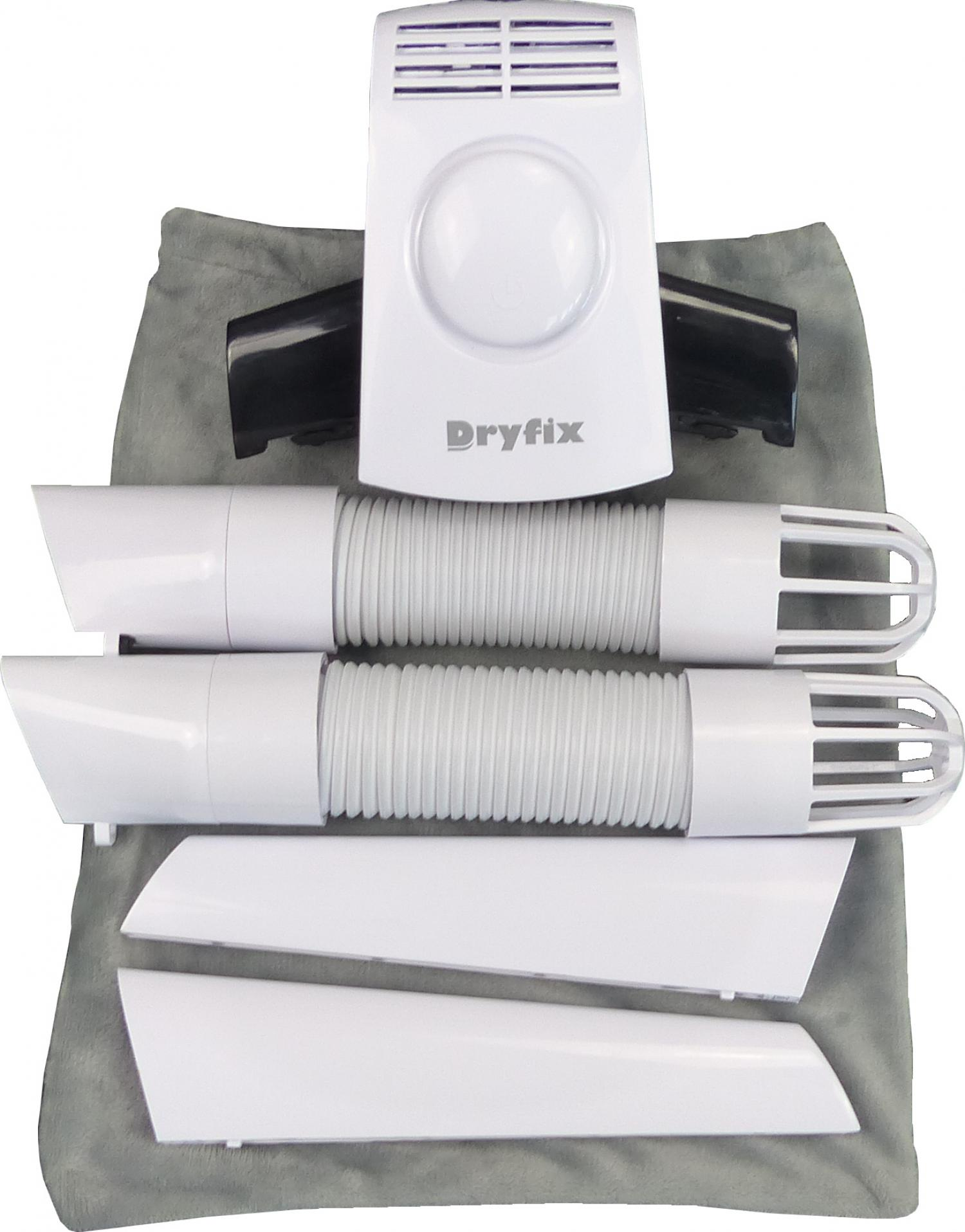 Weiße Wäschetrocknerteile auf grauem Tuch, darunter ein Ventilator, zwei Schläuche und Paneele. Das Logo 'Dryfix' ist sichtbar.
