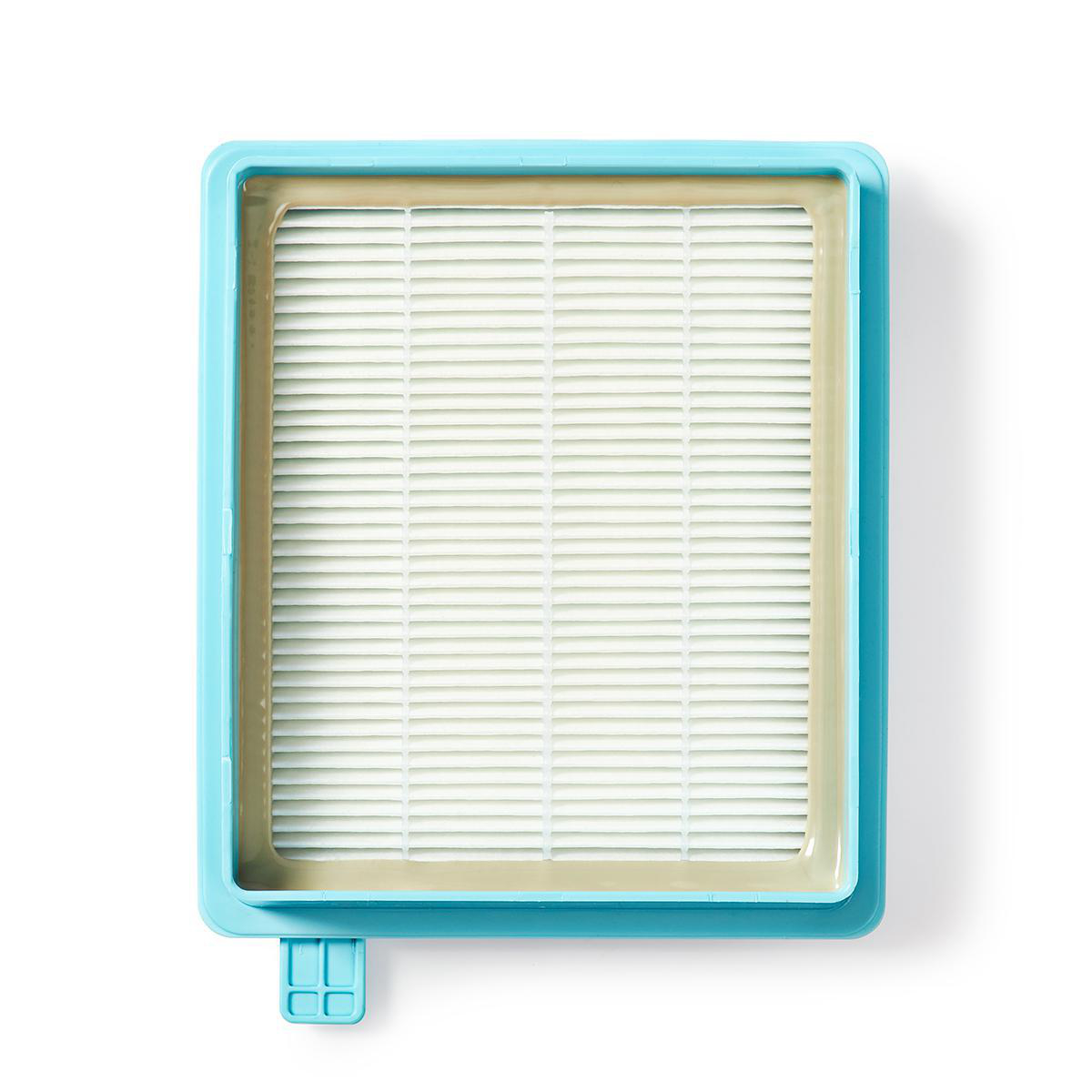 A rectangular, light blue air filter with a white interior.