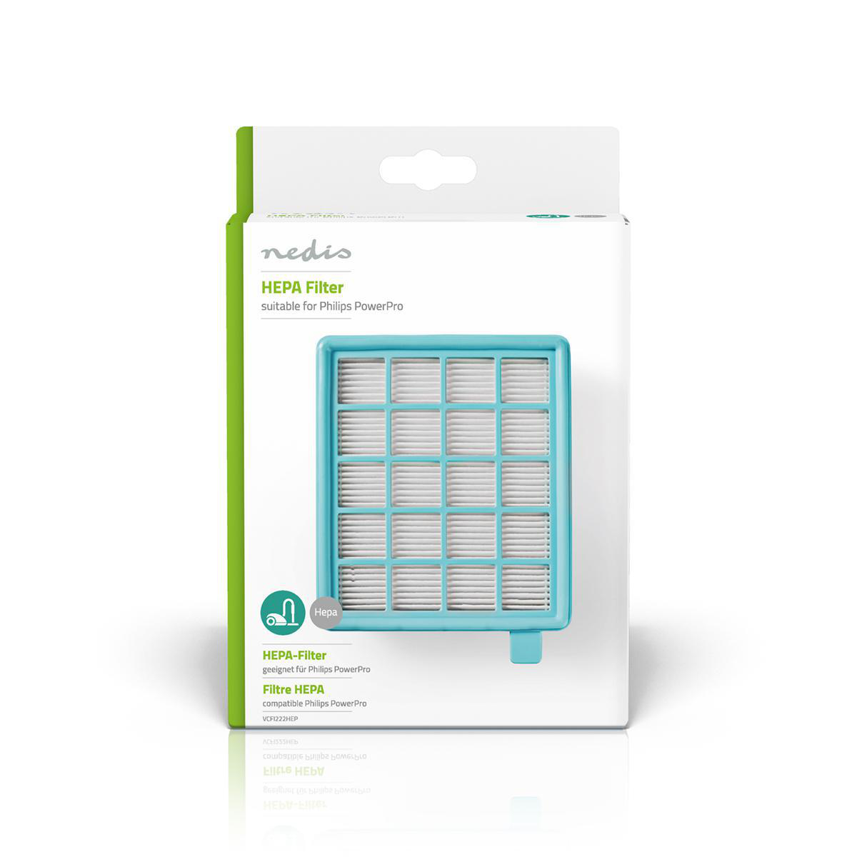 A turquoise HEPA filter in packaging, suitable for Philips PowerPro.