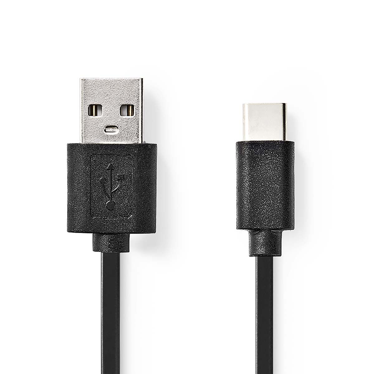 Black USB to USB-C cable.  USB and USB-C connectors. White background.