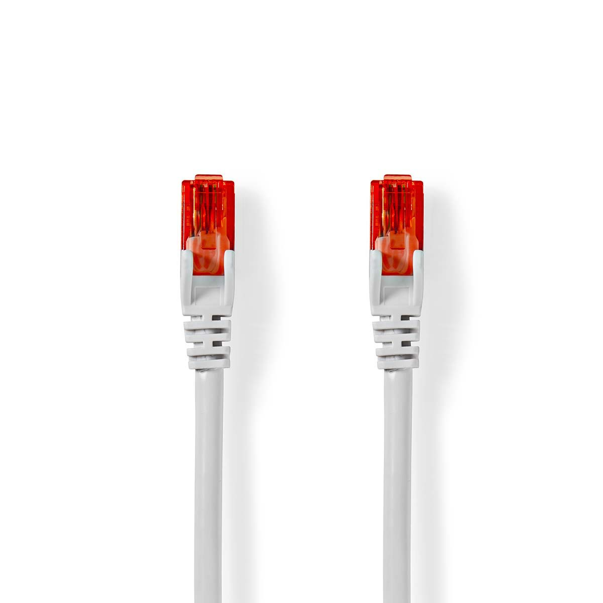 Due cavi Ethernet bianchi con connettori rossi su sfondo bianco.
