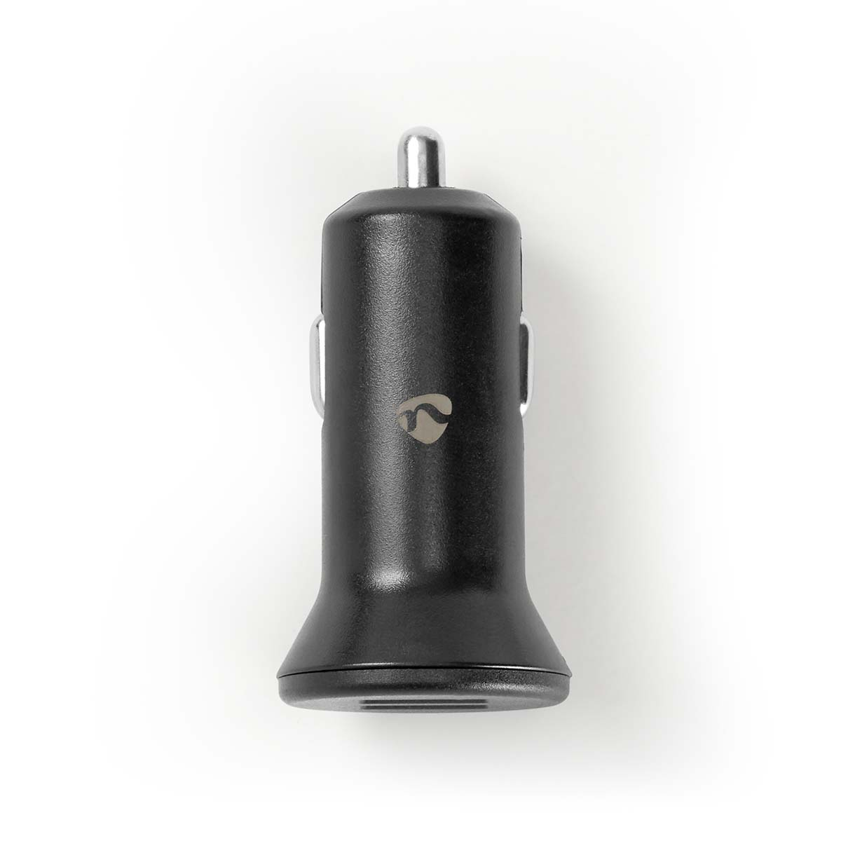Een zwarte autolader met een logo, van bovenaf bekeken.