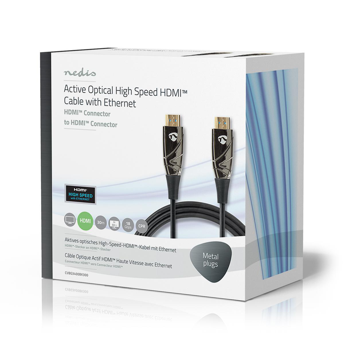 Verpakte actieve optische high-speed HDMI-kabel. Zwarte kabel, twee connectoren, witte doos.