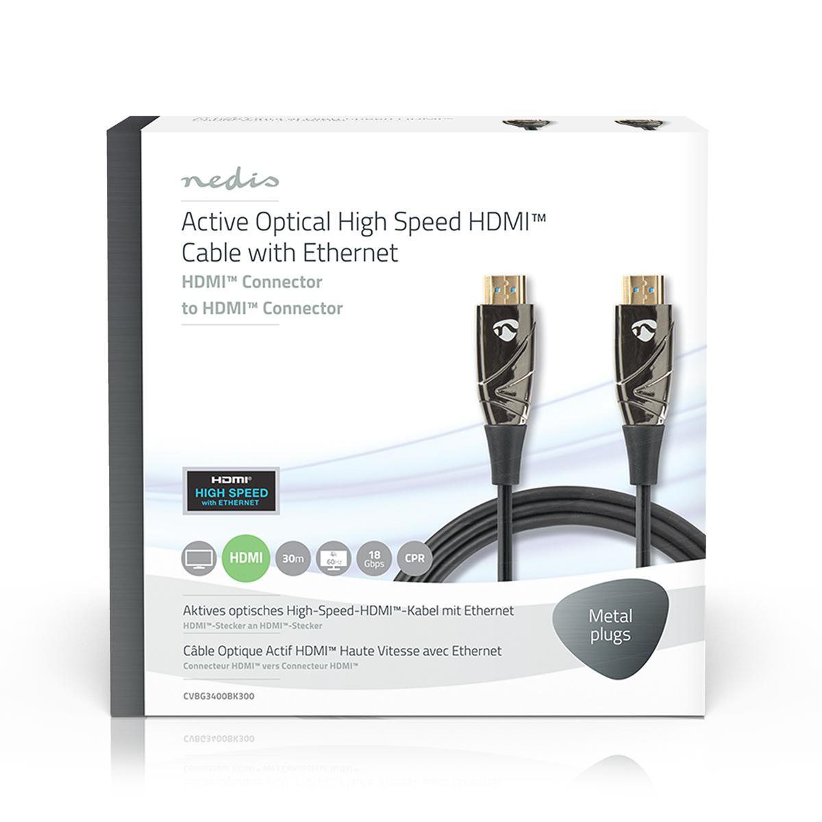 HDMI-kabel met Ethernet in doos, zwarte kabel en goudkleurige connectoren, 'Metal plugs'.