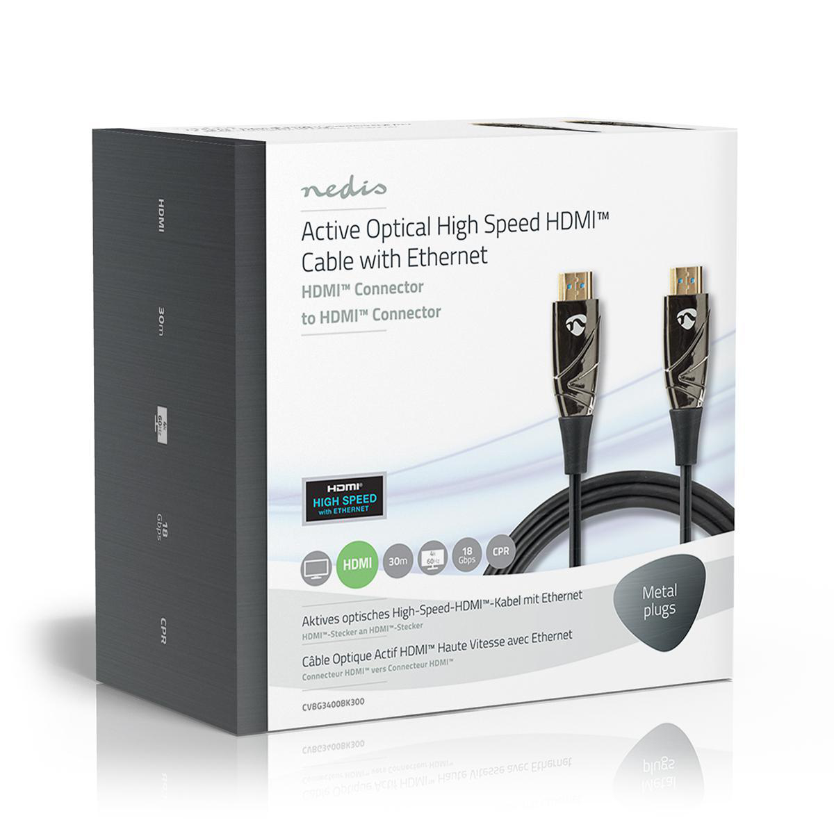 Doos met HDMI-kabels en tekst. Bevat afbeeldingen van kabels op witte achtergrond.