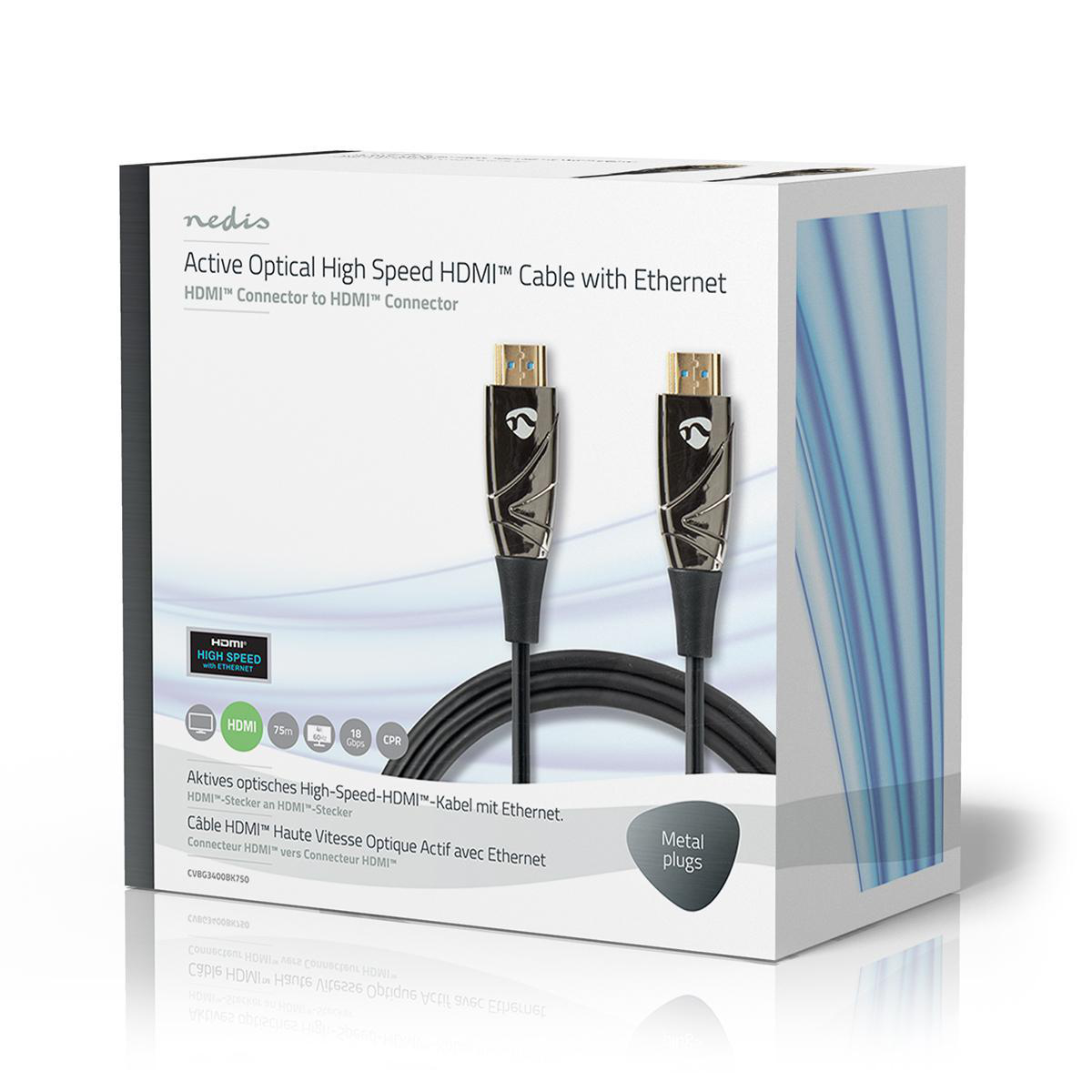 Doos met twee HDMI-kabels. Kabels zijn zwart met metalen stekkers. De doos heeft tekst en afbeeldingen.