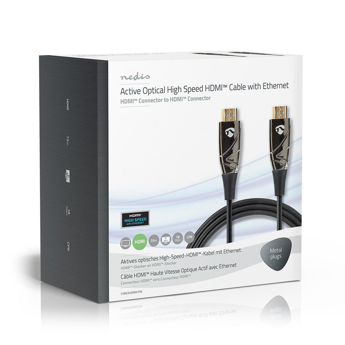 Witte en zwarte doos voor HDMI-kabel. Twee HDMI-kabels zijn zichtbaar. Kenmerken zijn ethernet en metalen stekkers.