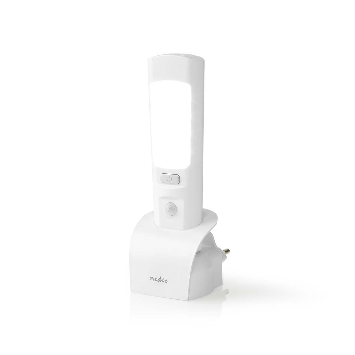 Witte bedlamp, op laadbasis, verlicht rechthoekig gedeelte, aan/uit-knop.