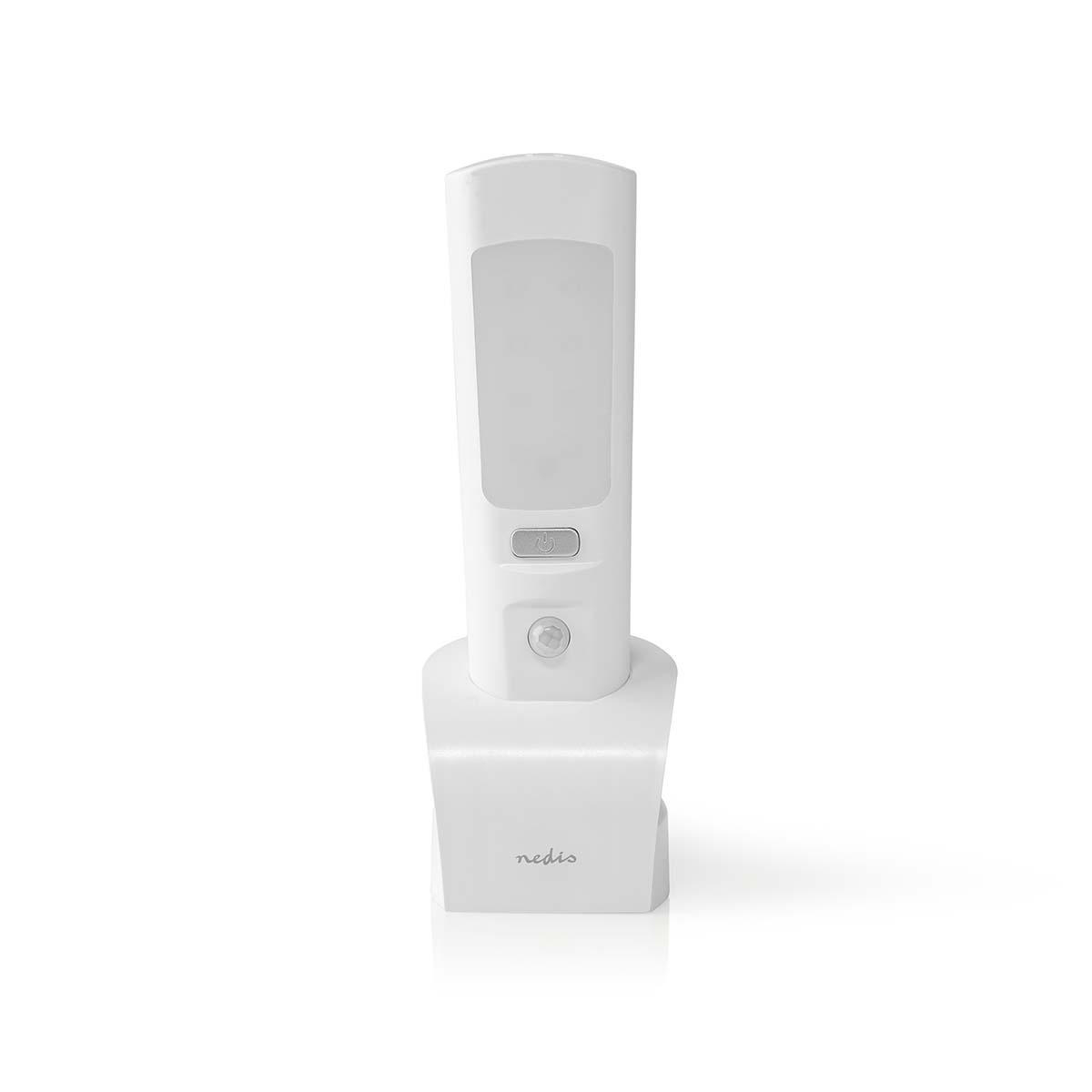 Een witte LED-lamp op een dockingstation op een witte achtergrond.