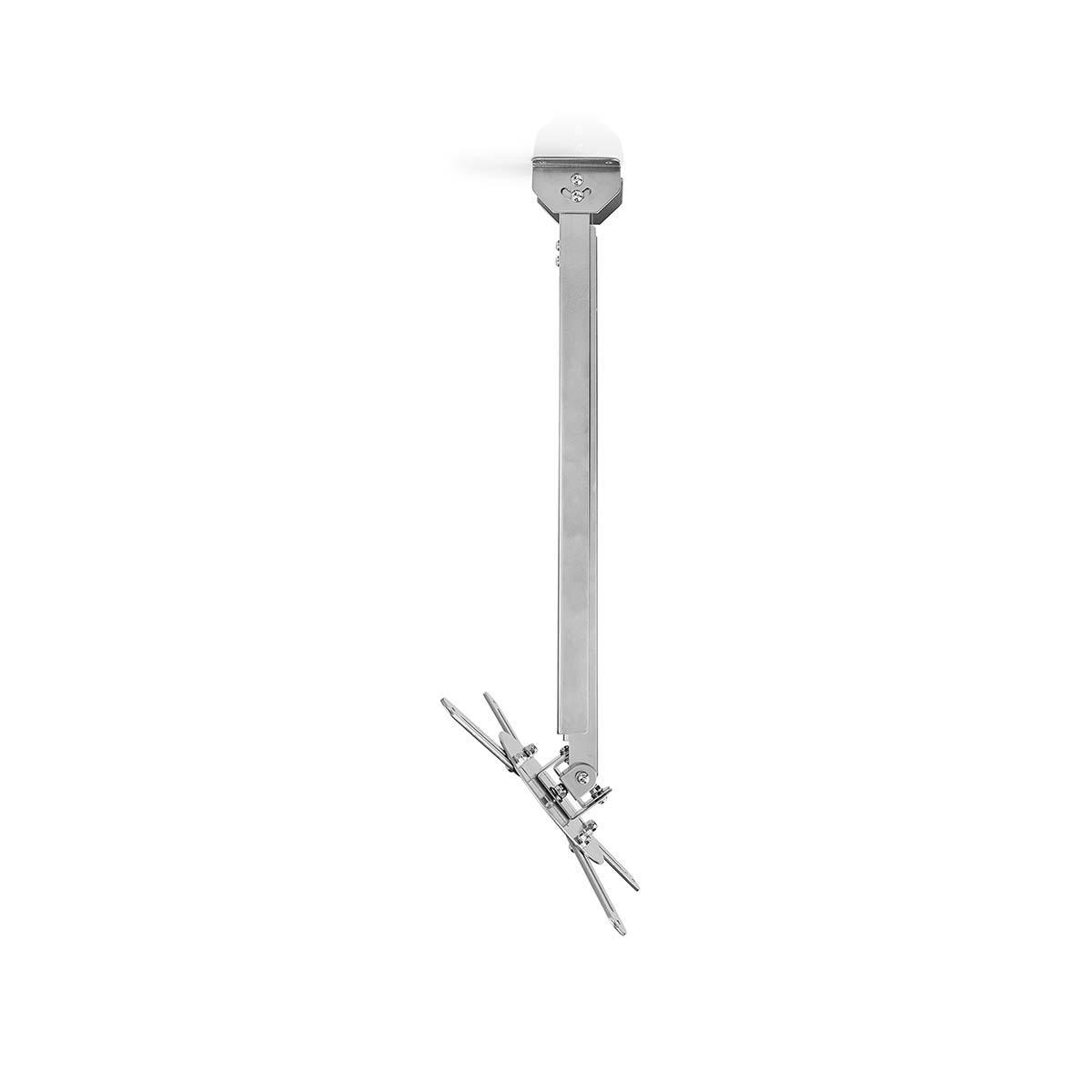 A ceiling-mounted TV bracket, with a long pole and a mounting bracket for the TV. White background.