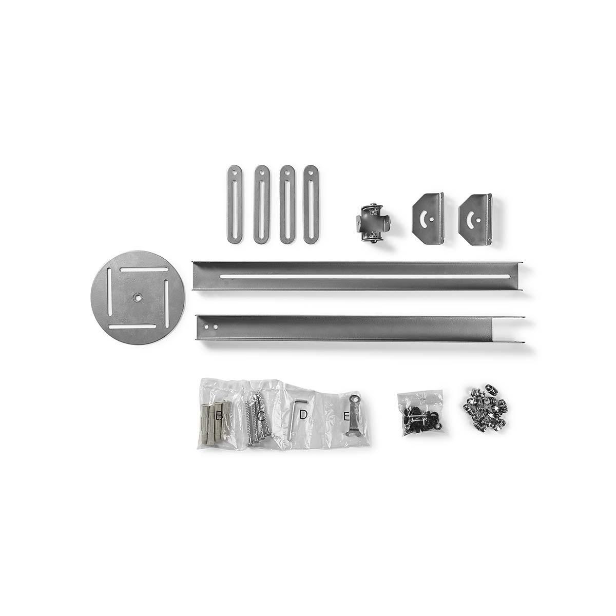 An array of hardware components laid out on a white surface. Includes brackets, screws, and a circular base.