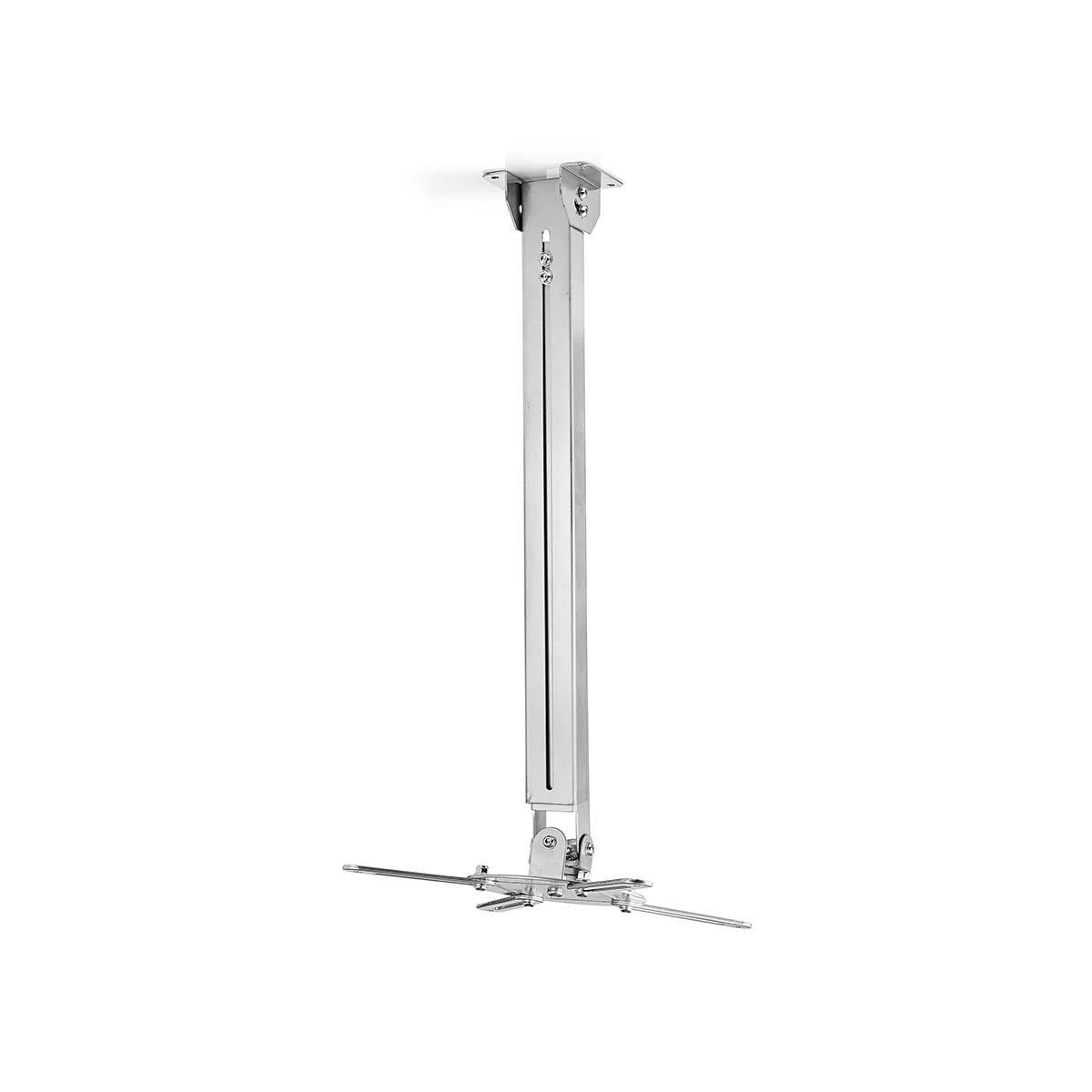 A silver projector mount, mounted to a white ceiling. The mount has adjustable arms.