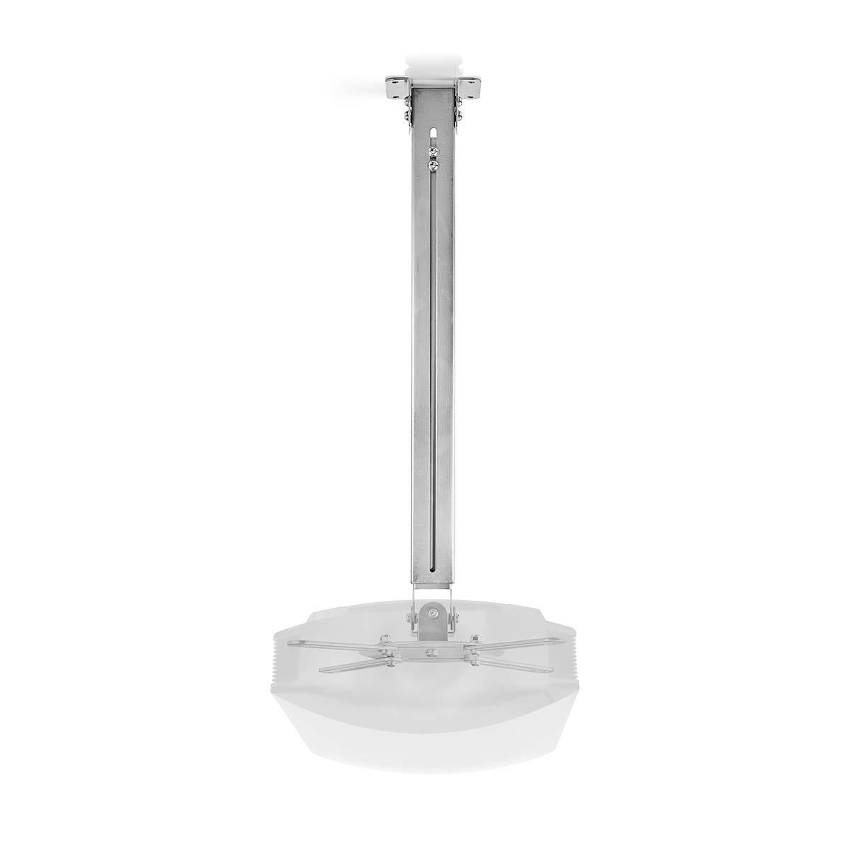 Silver ceiling mount with a long, vertical support and a circular, white antenna-like component.