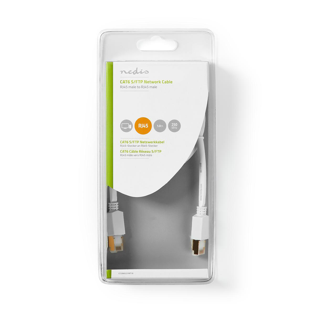 Kabel sieciowy w opakowaniu, z białym kablem i złotymi złączami.