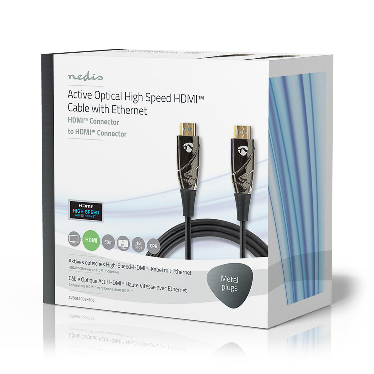 Doos met twee HDMI-kabels. Kabels zijn zwart met metalen stekkers. De doos heeft tekst en afbeeldingen.