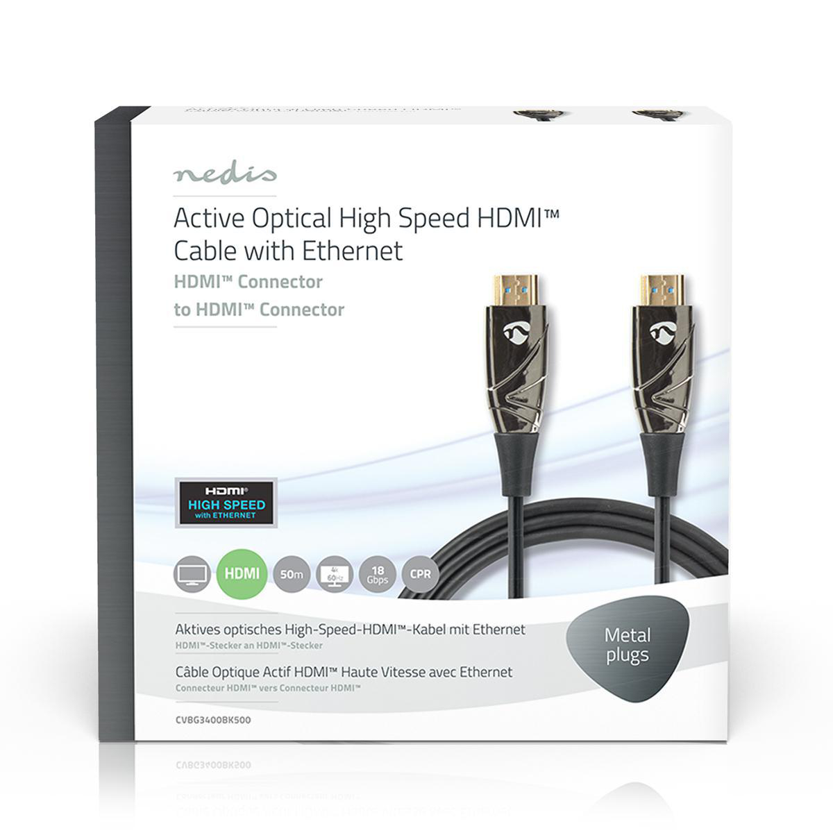 Zwart-witte doos met opschrift 'Active Optical High Speed HDMI Cable with Ethernet'. Kabels met metalen stekkers.