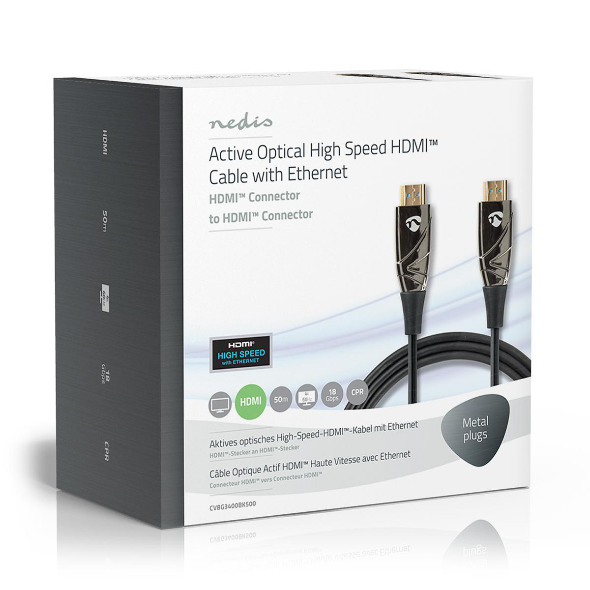 HDMI-kabeldoos met productdetails. Witte achtergrond.