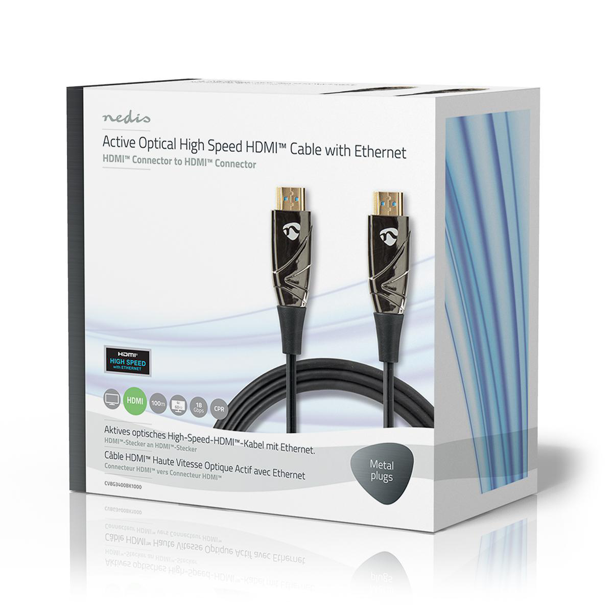 Doos met HDMI-kabels. Doos heeft tekst en afbeeldingen. Kabels hebben metalen stekkers.