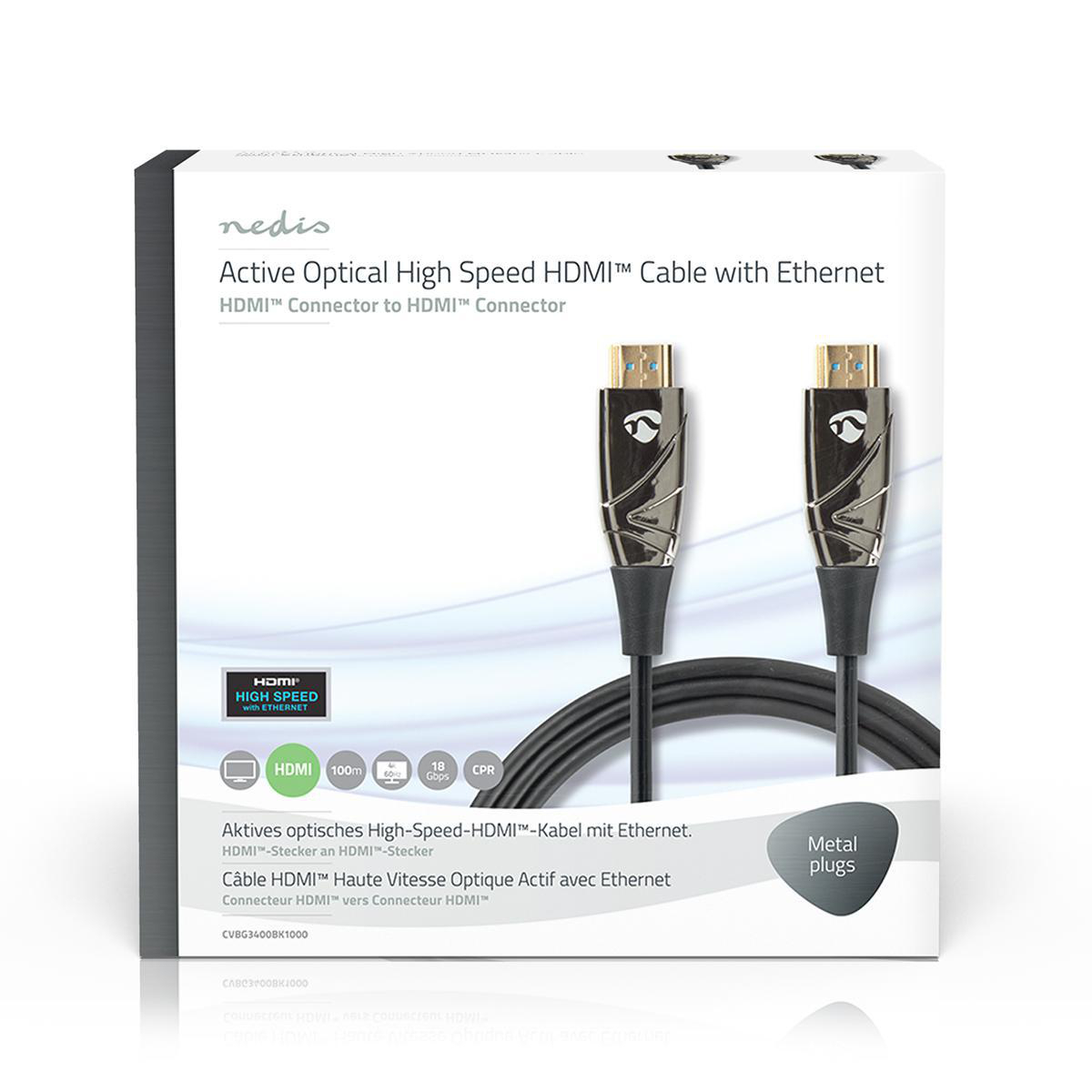 Zwart-witte HDMI-kabeldoos met twee kabels. Tekst: 'Active Optical HDMI Cable'.