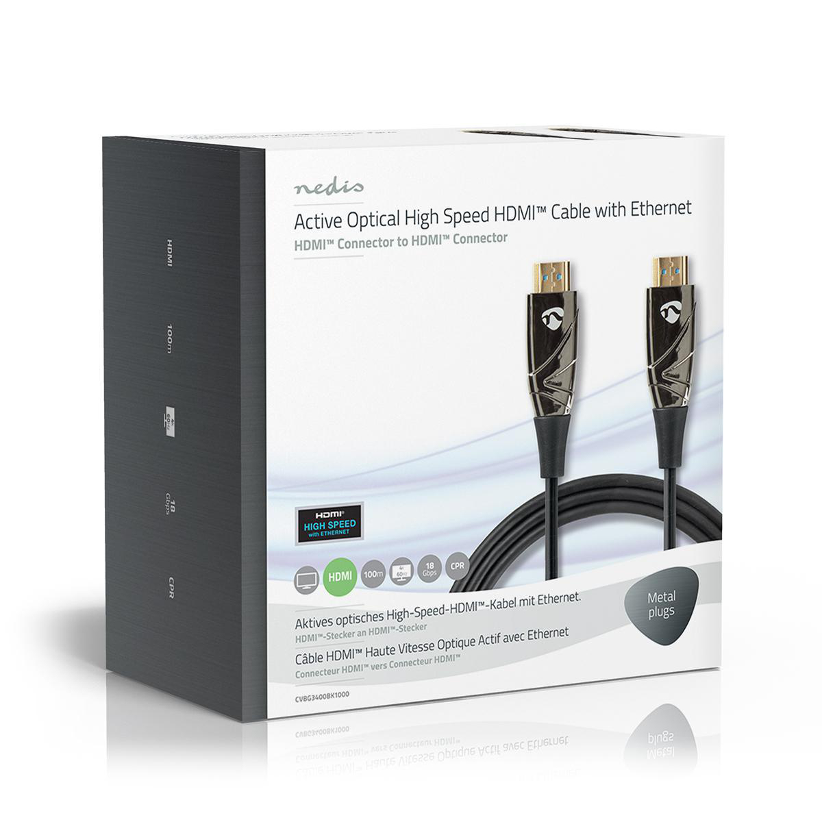 Doos met HDMI-kabels en tekst. Bevat afbeeldingen van kabels op witte achtergrond.