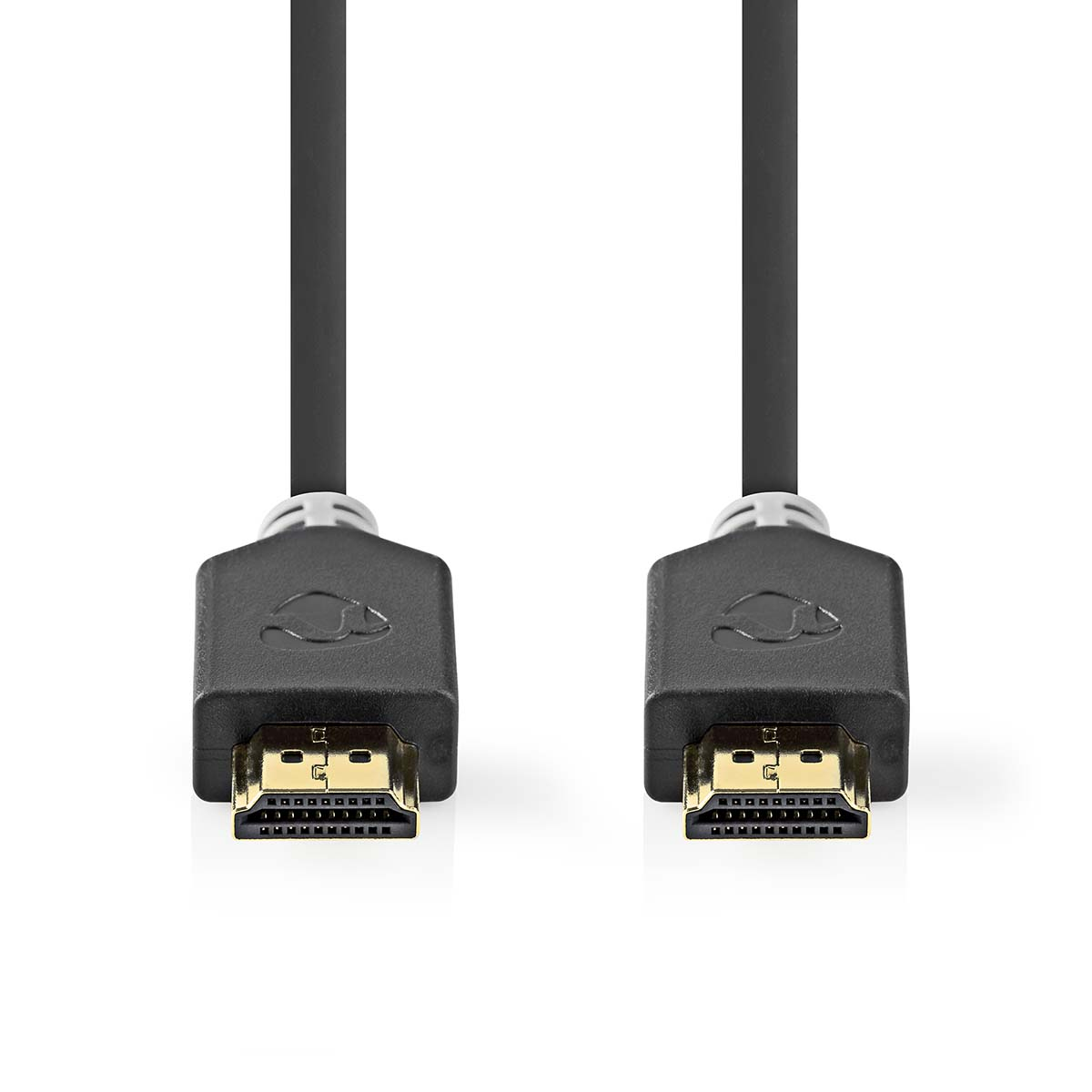 Twee zwarte HDMI-kabels met connectoren. De connectoren zijn zwart met goudkleurige poorten. Witte achtergrond.