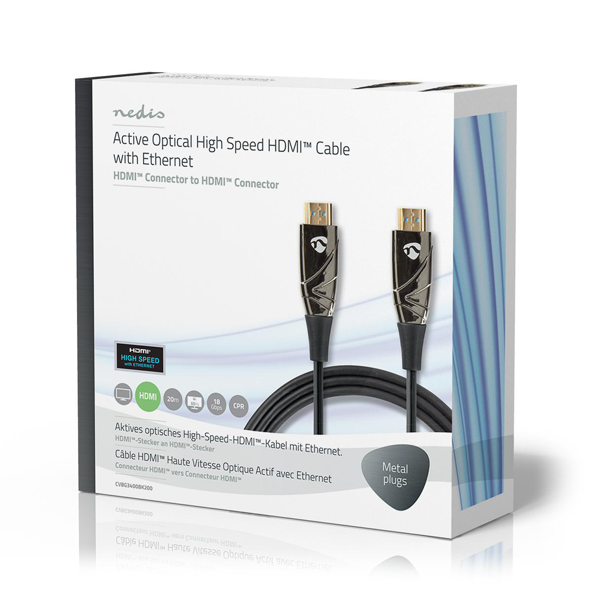 Een doos met HDMI-kabels en connectoren. Tekst bevat 'Active Optical High Speed HDMI Cable with Ethernet'.