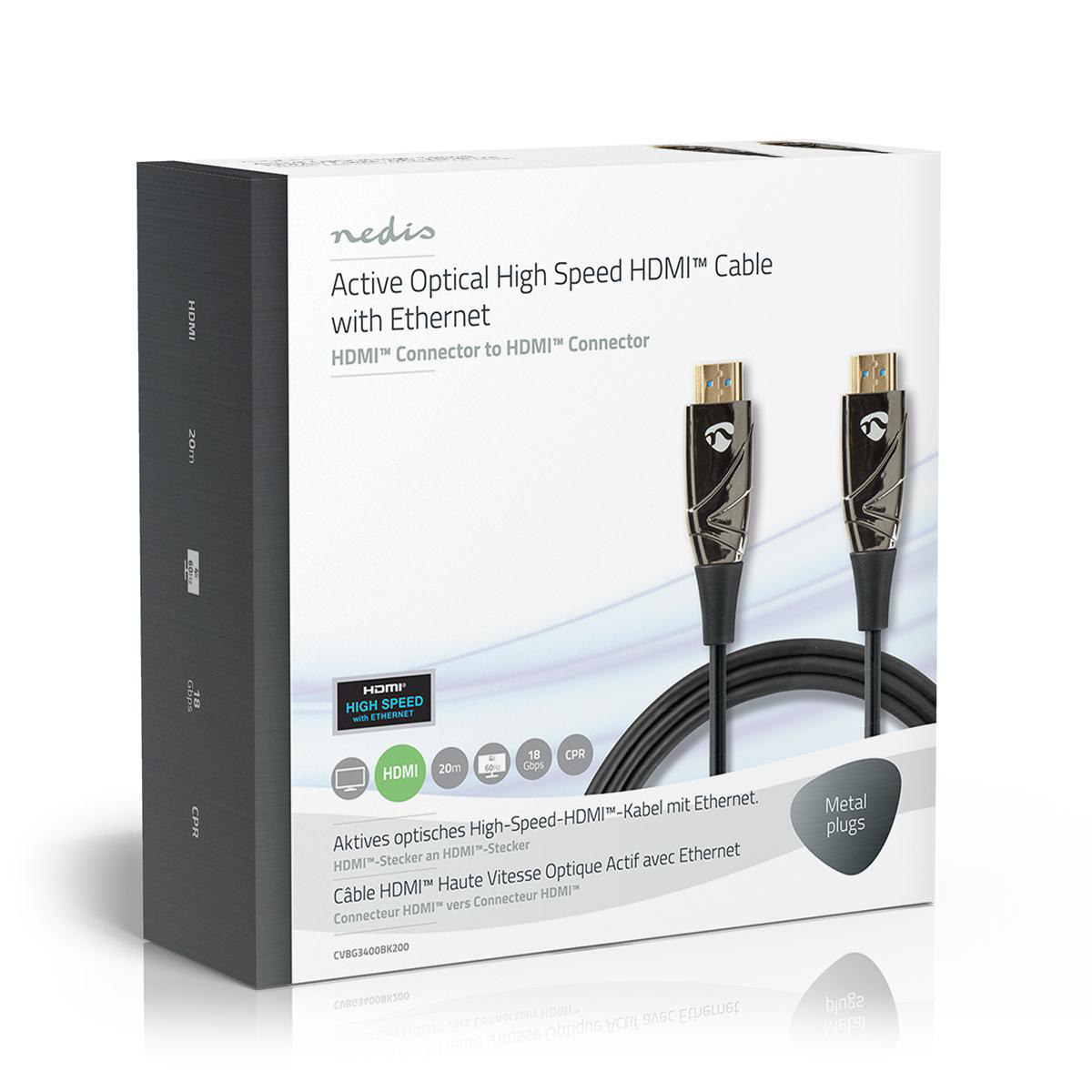 Actieve optische High Speed HDMI-kabel in een doos. De kabel is zwart met gouden connectoren. De doos is donkergrijs.