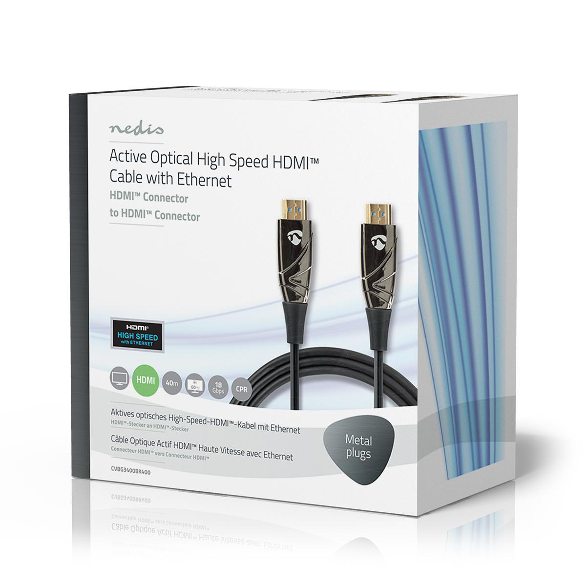 HDMI-kabel met Ethernet in doos, zwarte kabel en goudkleurige connectoren, 'Metal plugs'.