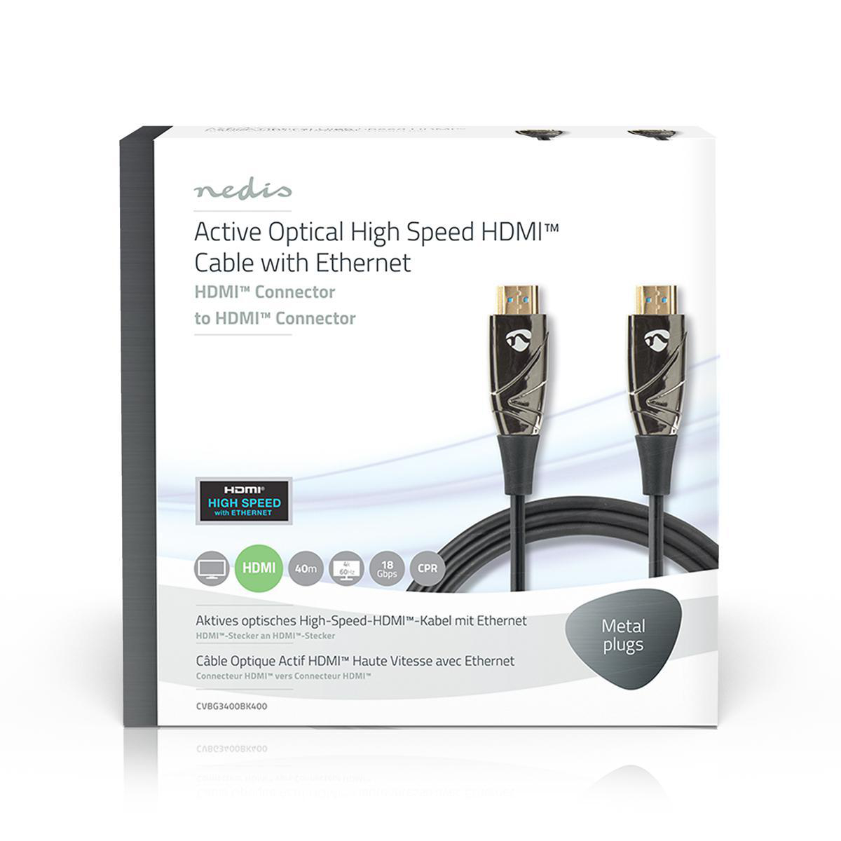Zwart-witte doos met opschrift 'Active Optical High Speed HDMI Cable with Ethernet'. Kabels met metalen stekkers.