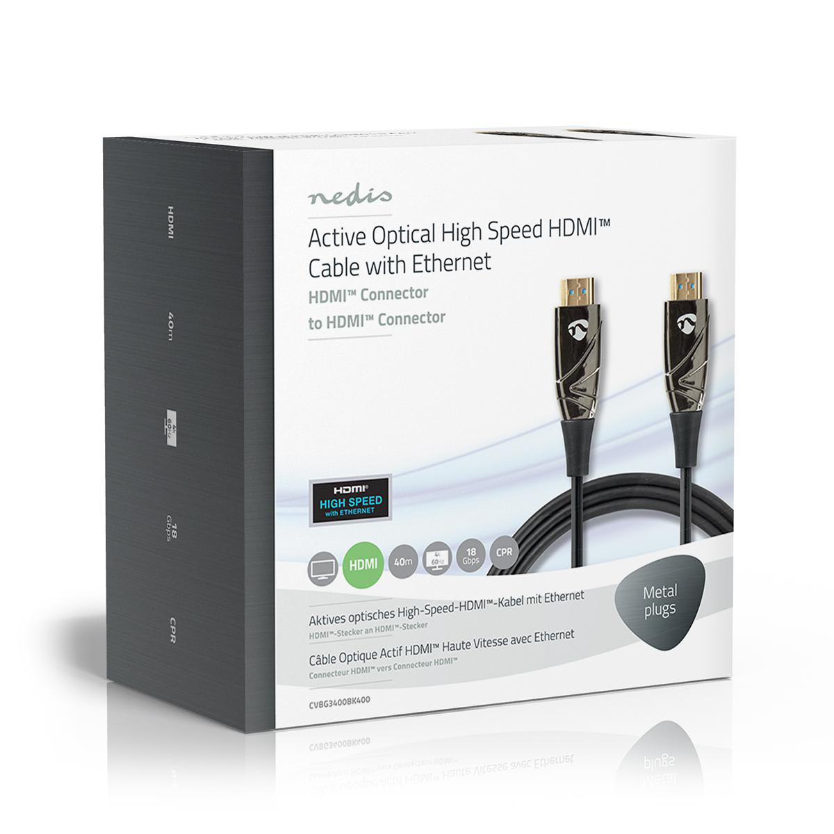 Doos met twee HDMI-kabels. Kabels zijn zwart met metalen stekkers. De doos heeft tekst en afbeeldingen.