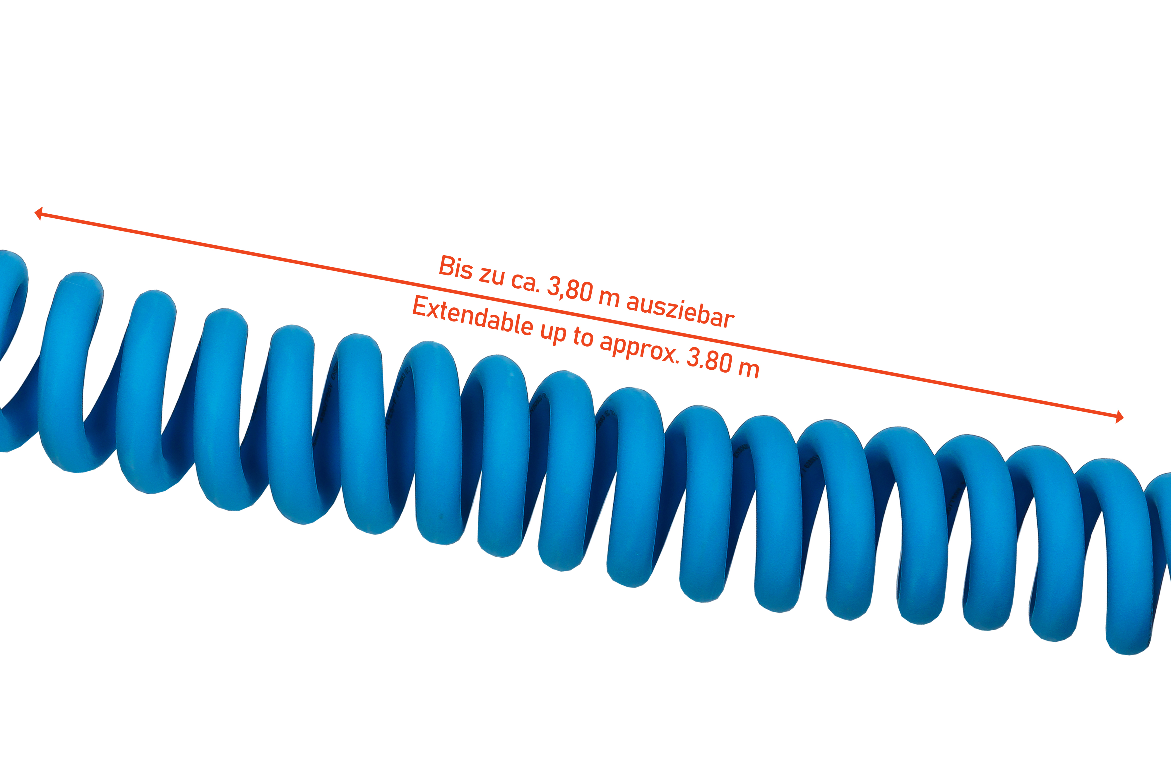 Blaues Spiralkabel, dehnbar bis ca. 3,80 Meter, auf weißem Hintergrund.