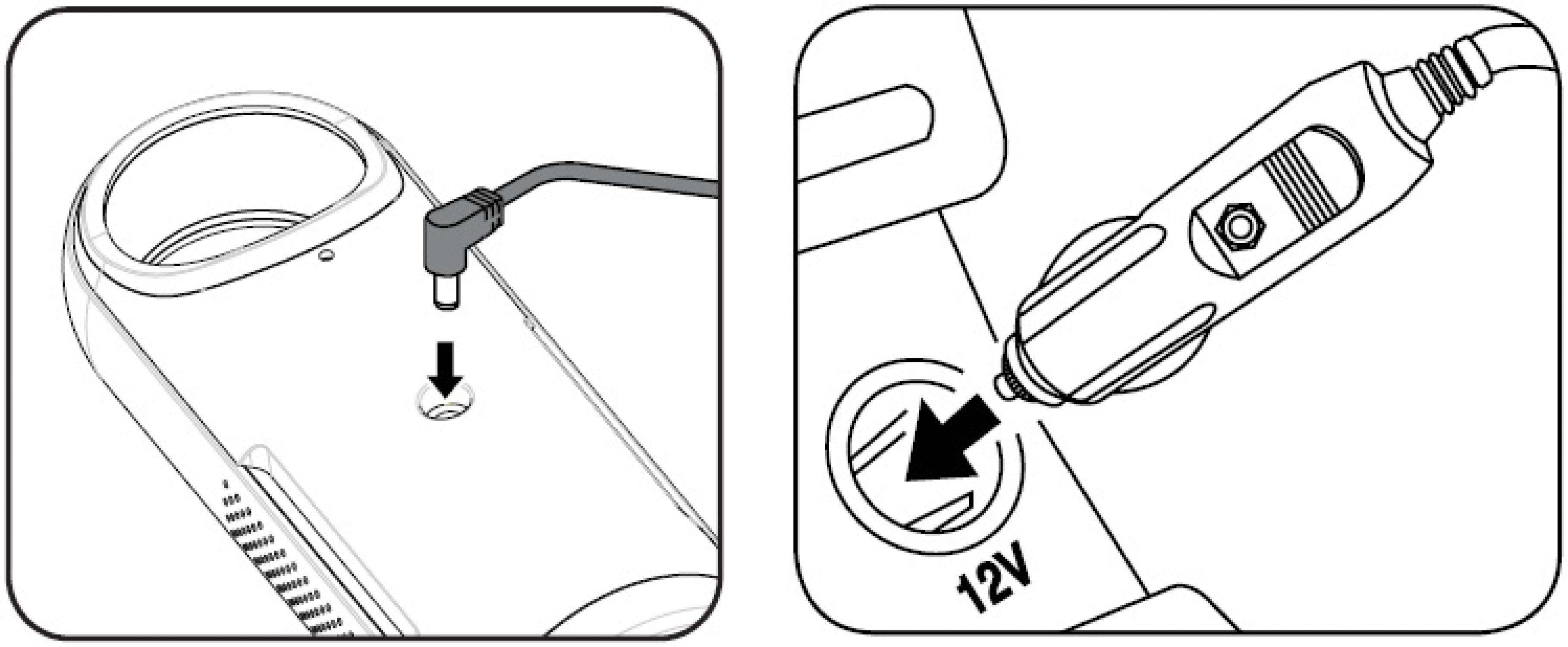 Diagramm, das den Anschluss eines Netzteils an ein Gerät und eine 12V-Buchse zeigt.