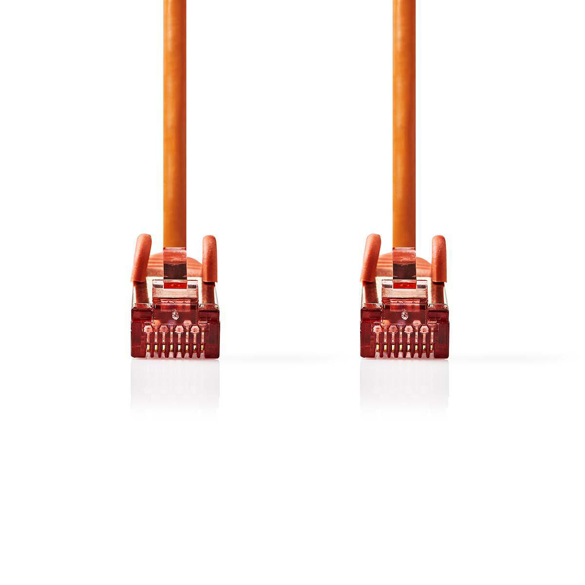 Due cavi Ethernet arancioni. I connettori sono trasparenti.