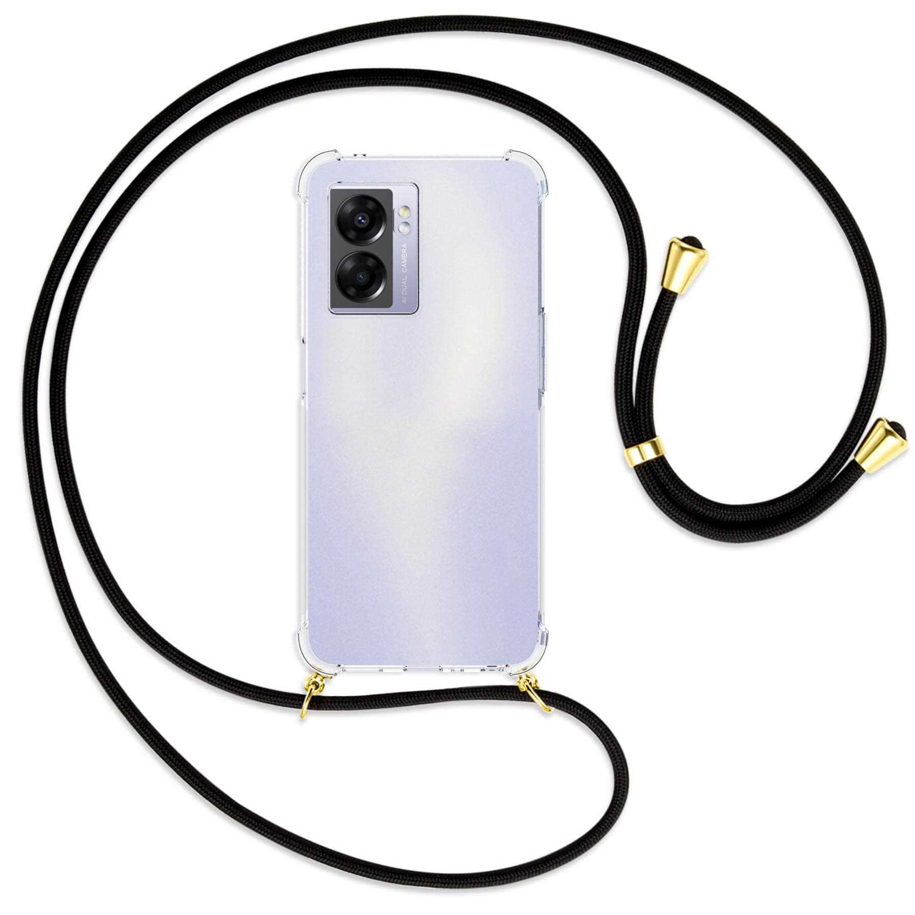 Telefon mit durchsichtiger Hülle und schwarzem Kordelband mit goldenen Akzenten.