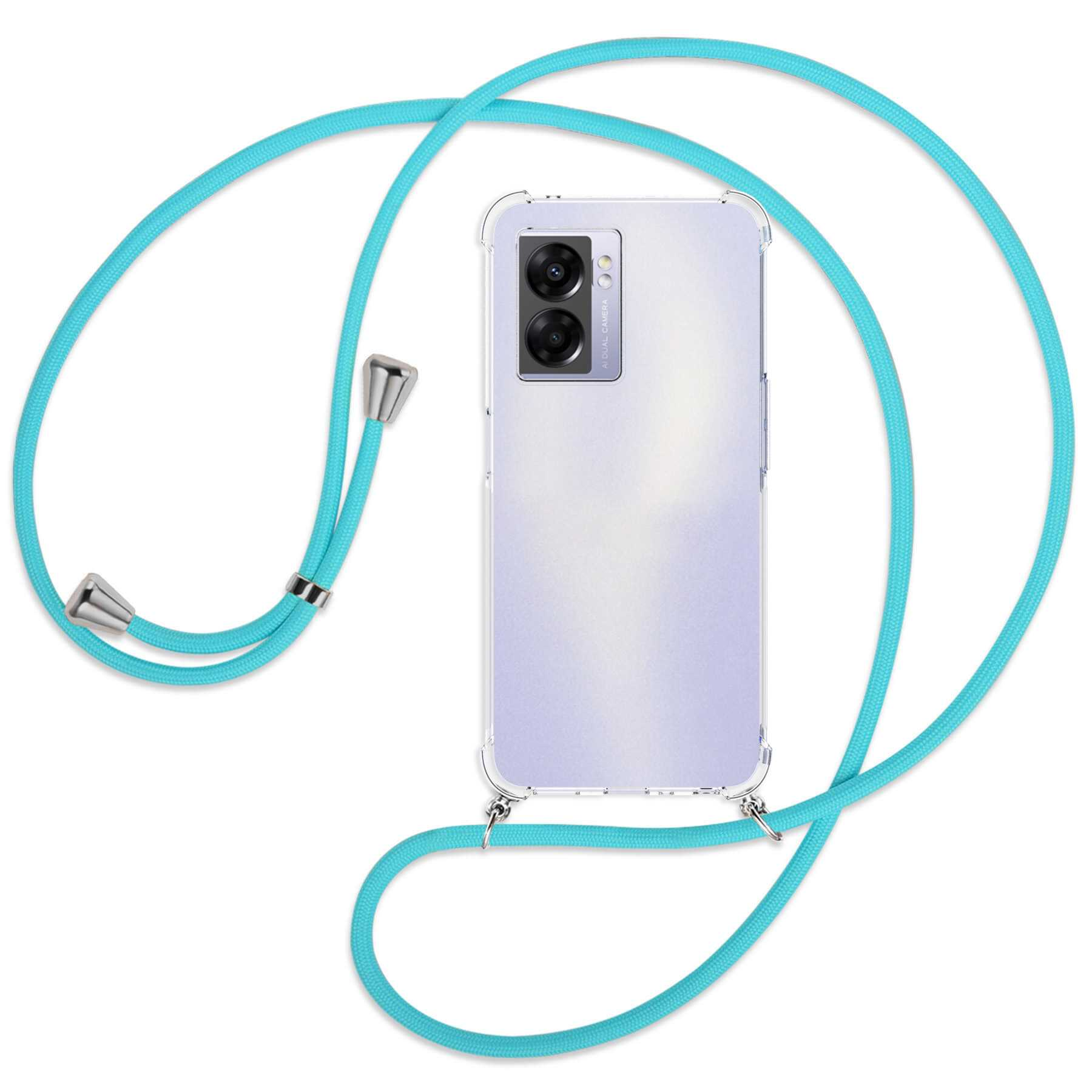 Ein Telefon in einer transparenten Hülle mit blauem Umhängeband, vor weißem Hintergrund.