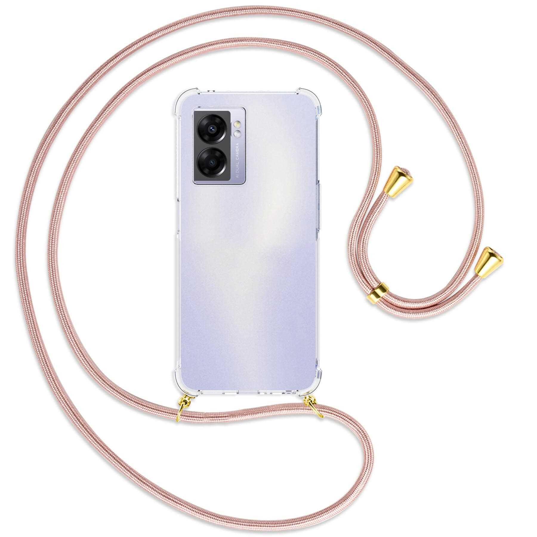 Transparente Handyhülle mit rosa Band. Telefon drin. Rosa Band mit Gold.