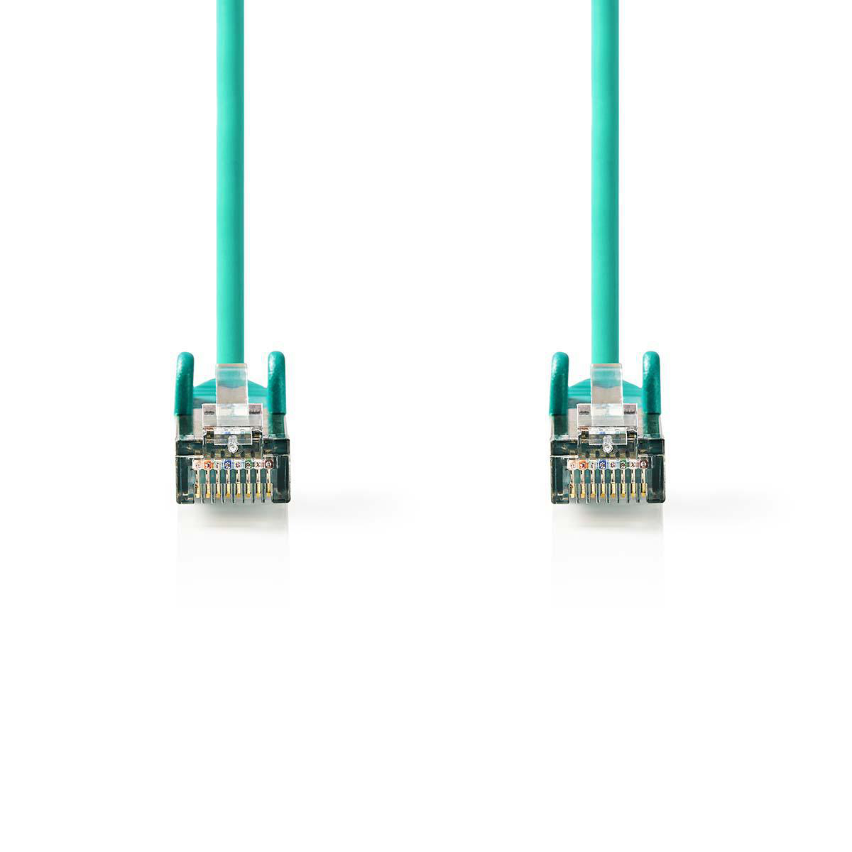Cavo Ethernet verde con connettori trasparenti su entrambe le estremità.
