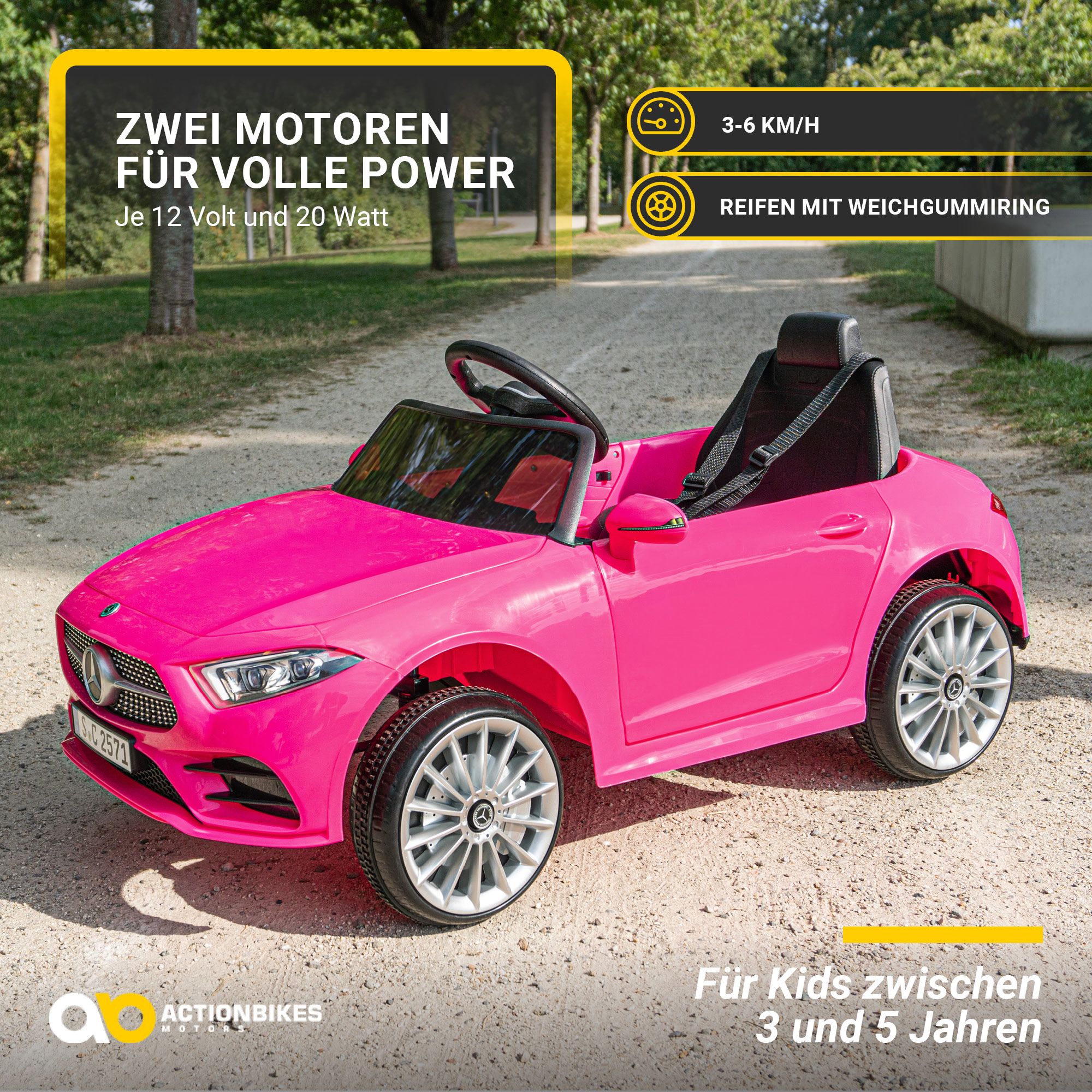 Pinkes Spielzeugauto mit schwarzem Sitz, schwarzem Lenkrad und weißen Rädern auf Schotterstraße.