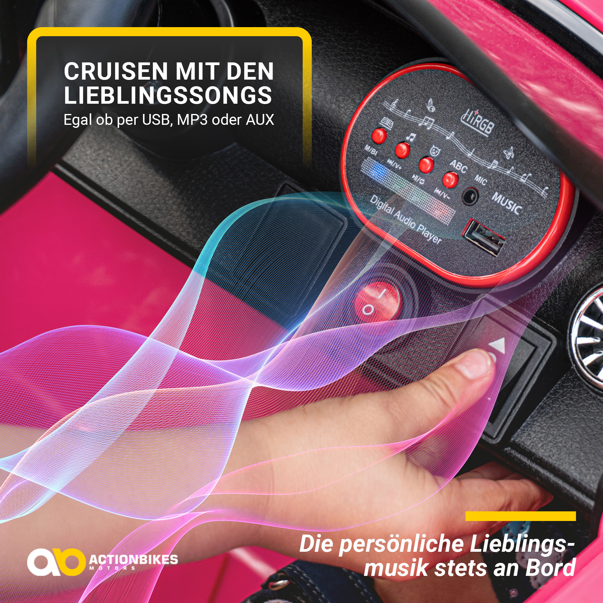 Armaturenbrett eines rosa Elektroautos mit digitalem Audioplayer und Hand.