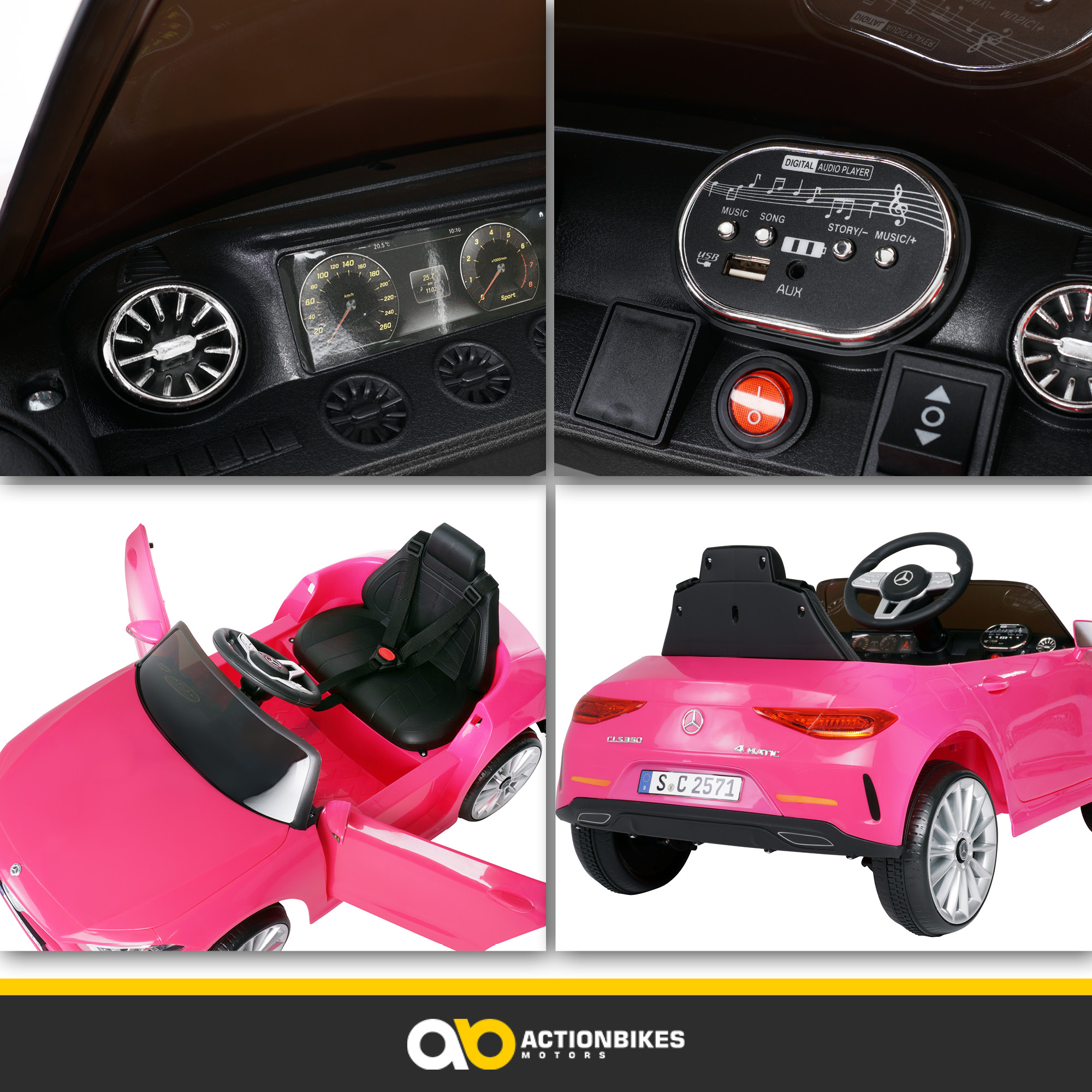 Rosa Spielzeugauto mit offener Tür. Das Auto hat ein Mercedes-Logo.