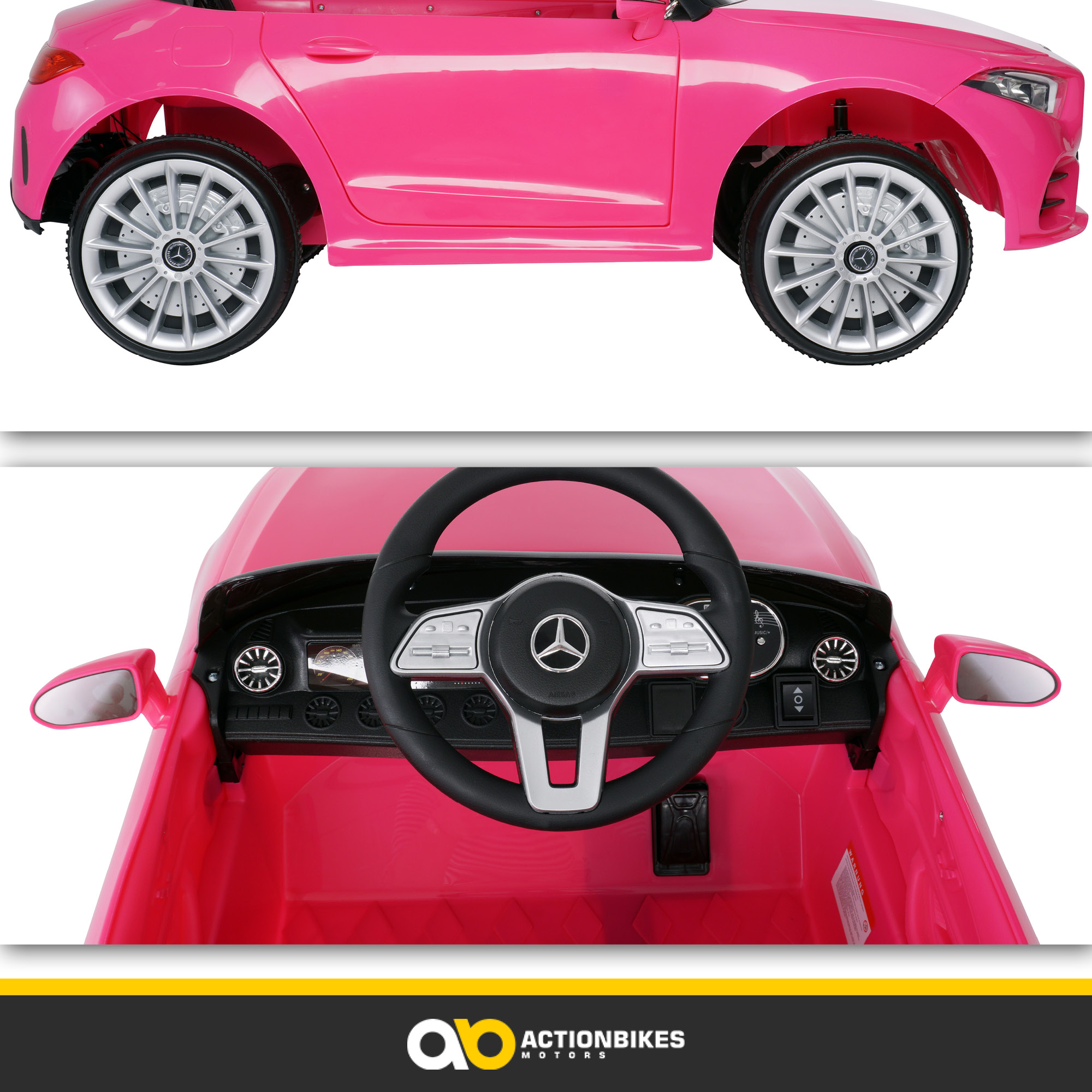 Rosa Spielzeugauto, Ober- und Vorderansicht. Schwarze Räder, Logo unten.